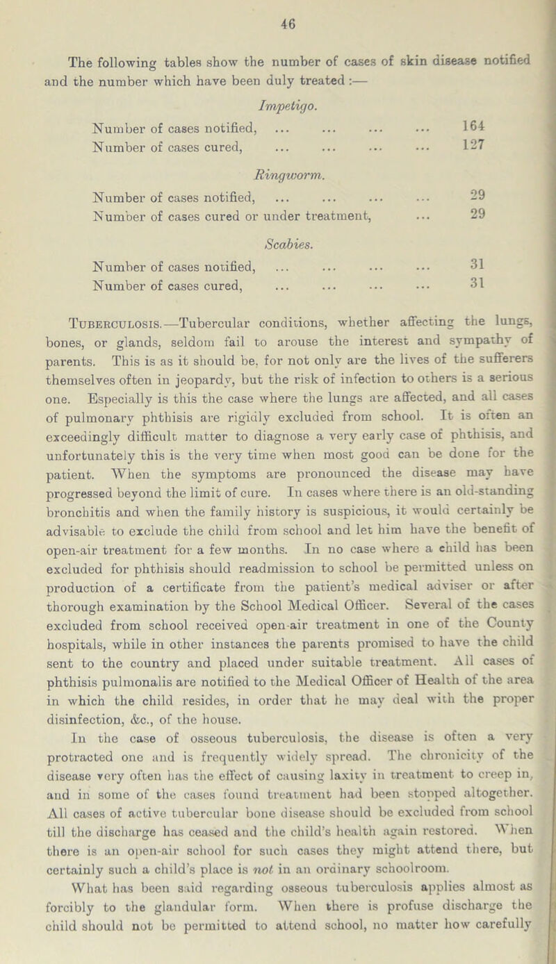 The following tables show the number of cases of skin disease notified and the number which have been duly treated:— Impetigo. Number of cases notified, ... ... ... ... 164 Number of cases cured, ... ... ... ... 127 Ringworm. Number of cases notified, ... ... ... ... 29 Number of cases cured or under treatment, ... 29 Scabies. Number of cases notified, Number of cases cured, 31 31 Tuberculosis.—Tubercular conditions, whether affecting the lungs, bones, or glands, seldom fail to arouse the interest and sympathy of parents. This is as it should be, for not only are the lives of the sufferers themselves often in jeopardy, but the risk of infection to others is a serious one. Especially is this the case where the lungs are affected, and all cases of pulmonary phthisis are rigidly excluded from school. It is often an exceedingly difficult matter to diagnose a very early case of phthisis, and unfortunately this is the very time when most good can be done for the patient. When the symptoms are pronounced the disease may have progressed beyond the limit of cure. In cases where there is an old-standing bronchitis and when the family history is suspicious, it would certainly be advisable to exclude the child from school and let him have the benefit of open-air treatment for a few months. In no case where a child has been excluded for phthisis should readmission to school be permitted unless on production of a certificate from the patient’s medical adviser or after thorough examination by the School Medical Officer. Several of the cases excluded from school received open-air treatment in one of the County hospitals, while in other instances the parents promised to have the child sent to the country and placed under suitable treatment. All cases of phthisis pulmonalis are notified to the Medical Officer of Health of the area in which the child resides, in order that he may deal with the proper disinfection, &c., of the house. In the case of osseous tuberculosis, the disease is often a very protracted one and is frequently widely spread. The chronicitv of the disease very often has the effect of causing laxity in treatment to creep in, and in some of the cases found treatment had been stopped altogether. All cases of active tubercular bone disease should be excluded from school till the discharge has ceased and the child’s health again restored. M iien there is an open-air school for such cases they might attend there, but certainly such a child’s place is not in an ordinary schoolroom. What has been said regarding osseous tuberculosis applies almost as forcibly to the glandular form. When there is profuse discharge the child should not bo permitted to attend school, no matter how carefully
