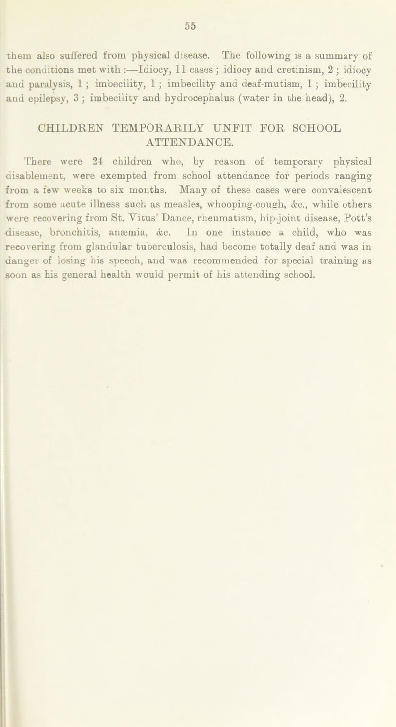 them also suffered from physical disease. The following is a summary of the conditions met with :—Idiocy, 11 cases ; idiocy and cretinism, 2 ; idiocy and paralysis, 1 ; imbecility, 1 ; imbecility and deaf-mutism, 1 ; imbecility and epilepsy, 3; imbecility and hydrocephalus (water in the head), 2. CHILDREN TEMPORARILY UNFIT FOR SCHOOL ATTENDANCE. There were 24 children who, by reason of temporary physical disablement, were exempted from school attendance for periods ranging from a few weeks to six months. Many of these cases were convalescent from some acute illness such as measles, whooping-cough, ike., while others were recovering from St. Vitus’ Dance, rheumatism, hip-joint disease, Pott’s disease, bronchitis, anaemia, ifcc. In one instance a child, who was recovering from glandular tuberculosis, had become totally deaf and was in danger of losing his speech, and was recommended for special training as soon as his general health would permit of his attending school.