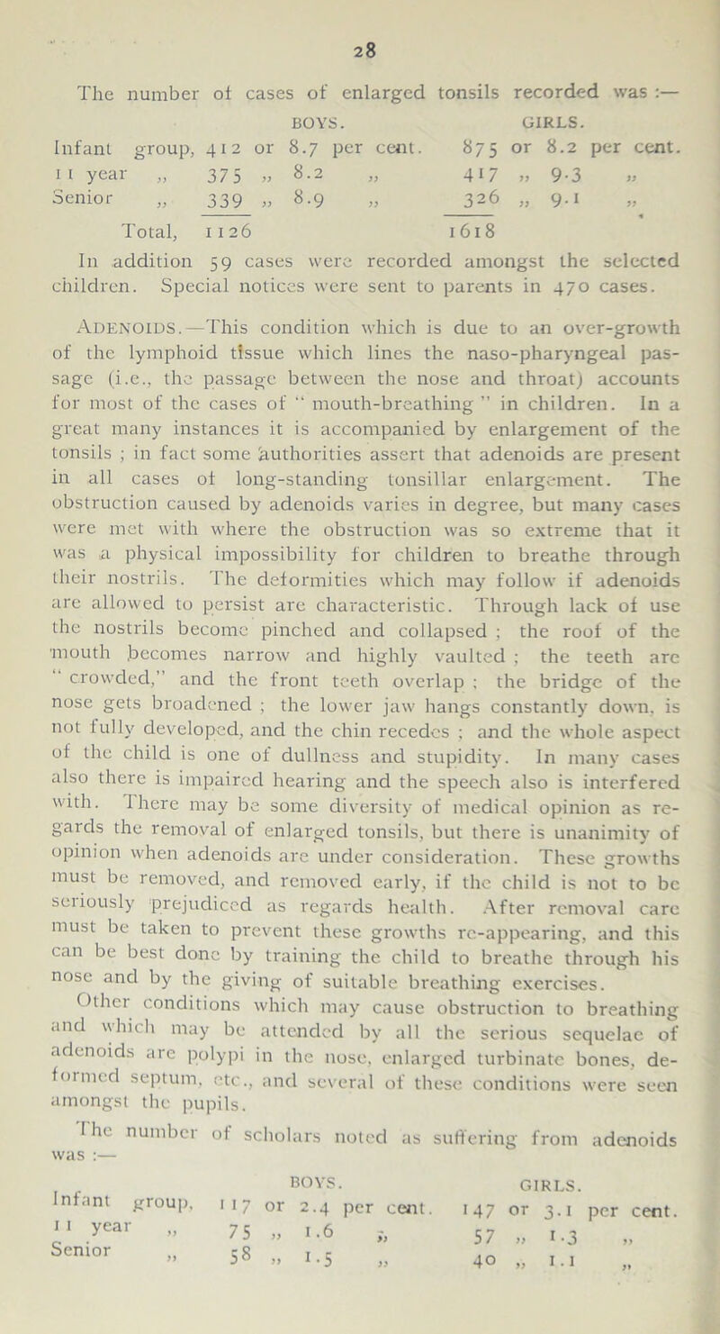 The number of cases of enlarged tonsils recorded was :— BOYS. Infant group, 412 or 8.7 per cent, it year „ 375 „ 8.2 „ Senior „ 339 » 8.9 Total, 1126 GIRLS. 875 or 8.2 per cent. 4i7 » 9-3 326 „ 9.1 1618 In addition 59 cases were recorded amongst the selected children. Special notices were sent to parents in 470 cases. Adenoids.—This condition which is due to an over-growth of the lymphoid tissue which lines the naso-pharyngeal pas- sage (i.e., the passage between the nose and thi'oat) accounts for most of the cases of “ mouth-breathing ” in children. In a great many instances it is accompanied by enlargement of the tonsils ; in fact some authorities assert that adenoids are present in all cases ol long-standing tonsillar enlargement. The obstruction caused by adenoids varies in degree, but many cases were met with where the obstruction was so extreme that it was a physical impossibility for children to breathe through their nostrils. The deformities which may follow if adenoids are allowed to persist are characteristic. Through lack of use the nostrils become pinched and collapsed : the roof of the ■mouth becomes narrow and highly vaulted ; the teeth arc crowded,” and the front teeth overlap ; the bridge of the nose gets broadened ; the lower jaw hangs constantly down, is not fully developed, and the chin recedes ; and the whole aspect of the child is one of dullness and stupidity. In many cases also there is impaired hearing and the speech also is interfered with. 1 here may be some diversity of medical opinion as re- gards the removal of enlarged tonsils, but there is unanimity of opinion when adenoids are under consideration. These growths must be removed, and removed early, if the child is not to be seiiously prejudiced as regards health. After removal care must be taken to prevent these growths re-appearing, and this can be best done by training the child to breathe through his nose and by the giving of suitable breathing exercises. Other conditions which may cause obstruction to breathing and which may be attended by all the serious sequelae of adenoids arc polypi in the nose, enlarged turbinate bones, de- formed septum, etc., and several of these conditions were seen amongst the pupils. 1 he number of scholars noted as suffering from adenoids was :— BOYS. GIRLS. 117 or 2.4 per cent. 147 or 3.1 per cent. 75 » 06 57 „ 1.3 58 ” *-5 » 40 „ 1.1 Infant group, 11 year Senior