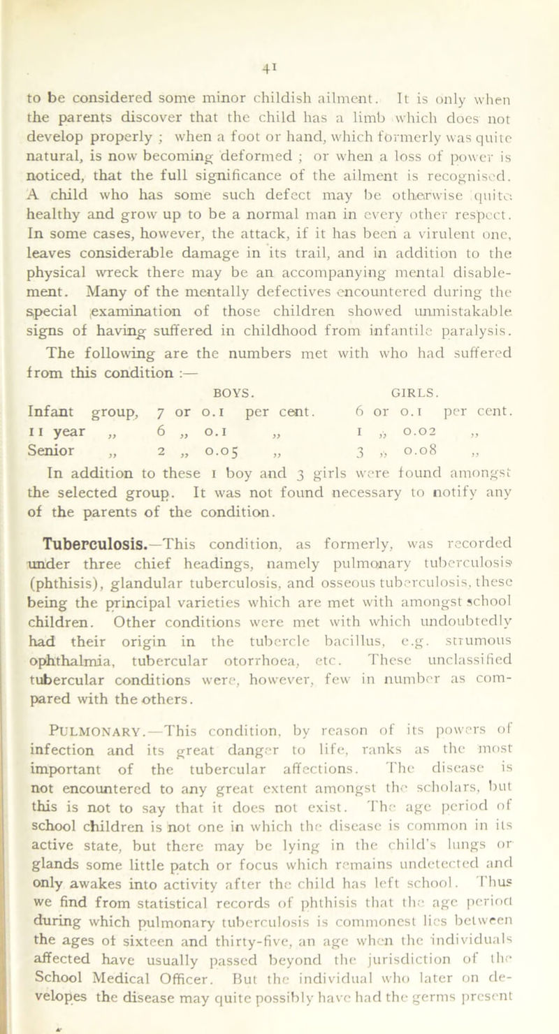 to be considered some minor childish ailment. It is only when the parents discover that the child has a limb which does not develop properly ; when a foot or hand, which formerly was quite natural, is now becoming deformed ; or when a loss of power is noticed, that the full significance of the ailment is recognised. A child who has some such defect may be otherwise quite healthy and grow up to be a normal man in every other respect. In some cases, however, the attack, if it has been a virulent one, leaves considerable damage in its trail, and in addition to the physical wreck there may be an accompanying mental disable- ment. Many of the mentally defectives encountered during the special .examination of those children showed unmistakable signs of having suffered in childhood from infantile paralysis. The following are the numbers met with who had suffered from this condition :— BOYS. Infant group, 7 or 0.1 per cent. 11 year „ 6 „ 0.1 Senior „ 2 „ 0.05 „ GIRLS. 6 or 0.1 per cent. 1 ,, 0.02 3 * °-°8 In addition to these 1 boy and 3 girls were found amongst the selected group. It was not found necessary to notify any of the parents of the condition. Tuberculosis.—This condition, as formerly, was recorded under three chief headings, namely pulmonary tuberculosis (phthisis), glandular tuberculosis, and osseous tuberculosis, these being the principal varieties which are met with amongst school children. Other conditions were met with which undoubtedly had their origin in the tubercle bacillus, e.g. strumous ophthalmia, tubercular otorrhoea, etc. These unclassified tubercular conditions were, however, few in number as com- pared with the others. Pulmonary.—This condition, by reason of its powers of infection and its great danger to life, ranks as the most important of the tubercular affections. The disease is not encountered to any great extent amongst the scholars, but this is not to say that it does not exist. The age period of school children is not one in which the disease is common in its active state, but there may be lying in the child’s lungs or glands some little patch or focus which remains undetected and only awakes into activity after the child has left school. Thus we find from statistical records of phthisis that the age period during which pulmonary tuberculosis is commonest lies between the ages of sixteen and thirty-five, an age when the individuals affected have usually passed beyond the jurisdiction of the School Medical Officer. But the individual who later on de- velopes the disease may quite possibly have had the germs present