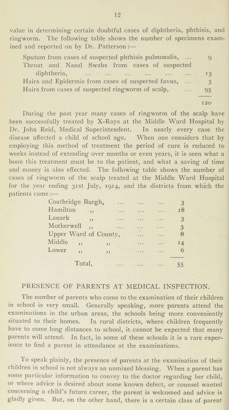 value in determining certain doubtful cases of diphtheria, phthisis, and ringworm. The following table shows the number of specimens exam- ined and reported on by Dr. Patterson:— Sputum from cases of suspected phthisis pulmonalis, ... 9 Throat and Nasal Swabs from cases of suspected diphtheria, ... ... ... ... ... ... 13 Hairs and Epidermis from cases of suspected favus, ... 3 Hairs from cases of suspected ringworm of scalp, ... 95 120 During the past year many cases of ringworm of the scalp have been successfully treated by X-Rays at the Middle Ward Hospital by Dr. John Reid, Medical Superintendent. In nearly every case the disease affected a child of school age. When one considers that by employing this method of treatment the period of cure is reduced to weeks instead of extending' over months or even years, it is seen what a boon this treatment must be to the patient, and what a saving of time and money is also effected. The following table shows the number of cases of ringworm of the scalp treated at the Middle Ward Hospital for the year ending 31st July, 1914, and the districts from which the patients came :— Coatbridge Burgh, ... ... ... 3 Hamilton ,, ... ... ... 18 Lanark ,, ... ... ... 3 Motherwell ,, ... ... ... 3 Upper Ward of County, ... ... 8 Middle ,, ,, ... ... 14 Lower ,, ,, ... ... 6 Total, 55 PRESENCE OF PARENTS AT MEDICAL INSPECTION. The number of parents who come to the examination of their children in school is very small. Generally speaking, more parents attend the examinations in the urban areas, the schools being more conveniently situated to their homes. In rural districts, where children frequently have to come long distances to school, it cannot be expected that many parents will attend. In fact, in some of these schools it is a rare exper- ience to find a parent in attendance at the examinations. Io speak plainly, the presence of parents at the examination of their children in school is not always an unmixed blessing. When a parent has some particular information to convey to the doctor regarding her child, or where advice is desired about some known defect, or counsel wanted concerning a child’s future career, the parent is welcomed and advice is gladly given. But, on the other hand, there is a certain class of parent
