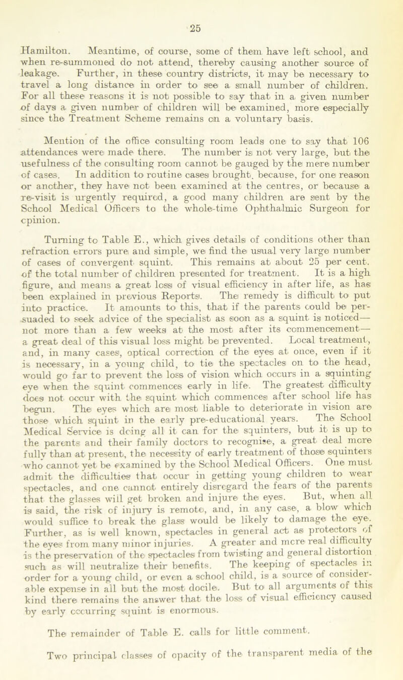 Hamilton. Meantime, of oourse, some of them have left school, and when re-summoned do not attend, thereby causing another source of leakage. Further, in these country districts, it may be necessary to travel a long distance in order to see a small number of children. For all these reasons it is not possible to say that in a, given number of days a given number of children will be examined, more especially since the Treatment Scheme remains on a voluntary basis. Mention of the office consulting room leads one to say that 106 attendances were made there. The number is not very large, but the usefulness of the consulting room cannot be gauged by the mere number of cases. In addition to routine cases brought, because, for1 one reason or another, they have not been examined at the centres, or because a re-visit is urgently required, a good many children are sent by the School Medical Officers to the whole-time Ophthalmic Surgeon for opinion. Turning to Table E., which gives details of conditions other than refraction errors pure and simple, we find the usual very large number of cases of convergent squint. This remains at about 25 per cent, of the total number of children presented for treatment. It is a high figure, and means a great less of visual efficiency in after life, as has been explained in previous Reports. The remedy is difficult to put into practice. It amounts to this, that if the parents could be per- suaded to seek advice of the specialist as soon as a. squint is noticed— not more than a few weeks at the most after its commencement— a great deal of this visual loss might be prevented. Local treatment, and, in many cases, optical correction of the eye® at once, even if it is necessary, in a young child, to tie the spectacles on to the head, w'ould go far to prevent the loss of vision which occurs in a squinting eye when the squint commences early in life. The greatest difficulty does not occur with the squint which commences after school life has begun. The eyes which are most liable to< deteriorate in vision are those which squint in the early pre-educational years. The School Medical Service is doing all it can for the squinters, but it is up to the parents and their family doctors to recognise, a. great deal mere fullv than at present, the necessity of early treatment of those squinters who cannot yet be examined by the School Medical Officers. One must admit the difficulties that occur in getting young children to wear spectacles, and one cannot entirely disregard the fears of the parents that the glasses will get broken and injure the eyes. But, when all. is said, the risk of injury is remote, and, in any case, a blow which would suffice to break the glass would be likely to- damage the eye. Further, as is well known, spectacle*® in general act as protectors of the eyes from many minor injuries. A greater and mere real difficulty is the preservation of the spectacles from twisting and general distortion such as will neutralize their benefits. The keeping of spectacles in order for a young child, or even a school child, is a source of consider - able expense in all but the most docile. But to' all arguments of this kind there remains the answer that the loss of visual efficiency caused by early occurring squint is enormous. The remainder of Table. E. calls for little comment. Two principal classes of opacity of the transparent media of the