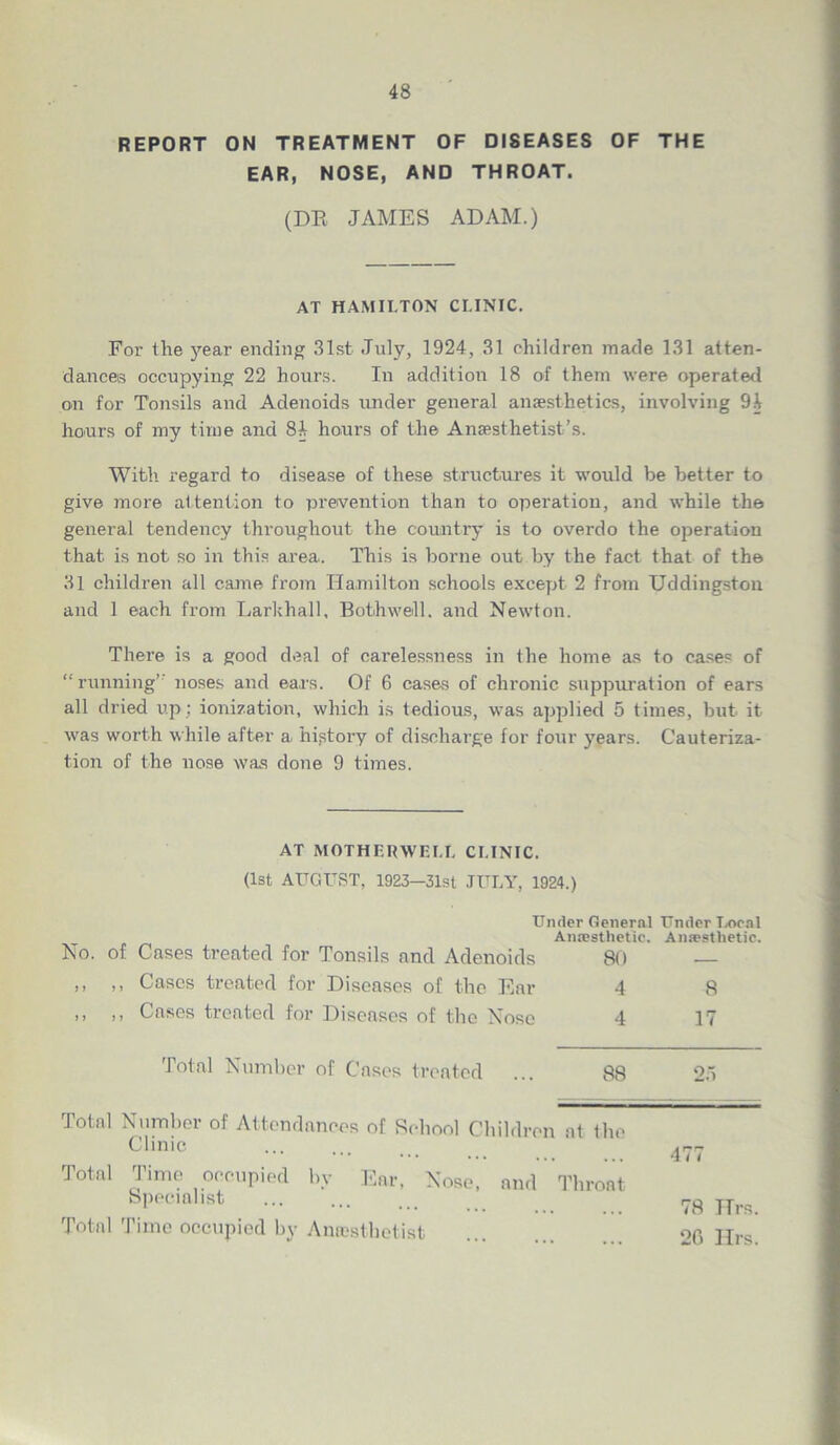 REPORT ON TREATMENT OF DISEASES OF THE EAR, NOSE, AND THROAT. (DR JAMES ADAM.) AT HAMILTON CLINIC. For the year ending 31st July, 1924, 31 children made 131 atten- dances occupying 22 hours. In addition 18 of them were operated on for Tonsils and Adenoids under general anaesthetics, involving 94 hours of my time and 84 hours of the Anaesthetist’s. With regard to disease of these structures it would be better to give more attention to prevention than to operation, and while the general tendency throughout the country is to overdo the operation that is not so in this area. This is borne out by the fact that of the 31 children all came from Hamilton schools except 2 from Uddingston and 1 each from Larkha.ll, Bothwell. and Newton. There is a good deal of carelessness in the home as to cases of “running’' noses and ears. Of 6 cases of chronic suppuration of ears all dried up; ionization, which is tedious, was applied 5 times, but it was worth while after a. history of discharge for four years. Cauteriza- tion of the nose was done 9 times. AT MOTHERWELL CLINIC. (1st AUGUST, 1923—31st JULY, 1924.) Under General Under Local Anaesthetic. Ansesthetic. No. of Cases treated for Tonsils and Adenoids 80 ,, ,, Cases treated for Diseases of the Ear 4 8 ,, ,, Cases treated for Diseases of the Nose 4 17 Total Number of Cases treated 88 ‘J.i Total Number of Attendances of School Children at the Clinic Total Time occupied by Ear, Nose, and Throat Specialist Total Time occupied by Anesthetist 78 Hrs. 20 Hrs.