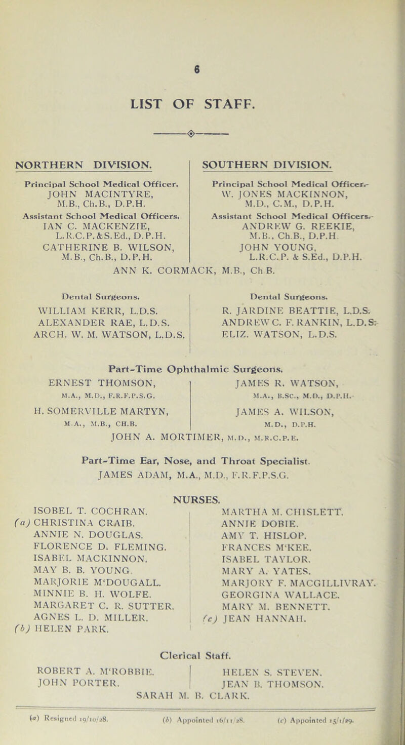 LIST OF STAFF. <•> NORTHERN DIVISION. Principal School Medical Officer. JOHN MACINTYRE, M.B., Ch.B., D.P.H. Assistant School Medical Officers. IAN C. MACKENZIE, L.R.C.P.&S.Ed., D.P.H. CATHERINE B. WILSON, M.B., Ch.B., D.P.H. SOOTHERN DIVISION. Principal School Medical Officer^ W. JONES MACKINNON, M.D., C.M., D.P.H. Assistant School Medical Officers.- ANDREW G. REEKIE, M.B., Ch.B., D.P.H JOHN YOUNG, L.R.C.P. k S.Ed., D.P.H. ANN K. CORMACK, M.B., Ch B. Dental Surgeons. WILLIAM KERR, L.D.S. ALEXANDER RAE, L.D.S. ARCH. W. M. WATSON, L.D.S. Dental Surgeons. R. JAR DINE BEATTIE, L.D.S. ANDREWC. F. RANKIN, L.D.S: ELIZ. WATSON, L.D.S. Part-Time Ophthalmic Surgeons. ERNEST THOMSON, M.A., M.D., F.R.P.P.S.G. H. SOMERVILLE MARTYN, M.A., M.B., CH.B. JAMES R. WATSON, M.A., B.SC., M.D., D.P.H. JAMES A. WILSON, M.D., D.P.H. JOHN A. MORTIMER, m.d., m.r.C.p.e. Part-Time Ear, Nose, and Throat Specialist. JAMES ADAM, M.A., M.D., F. R. F.P.S.G. NURSES. ISOBEL T. COCHRAN. (a) CHRISTINA CRAIB. ANNIE N. DOUGLAS. FLORENCE D. FLEMING. ISABEL MACKINNON. MAY B. B. YOUNG. MARJORIE M'DOUGALL. MINNIE B. II. WOLFE. MARGARET C. R. SUTTER. AGNES L. D. MILLER. (b) HELEN PARK. MARTHA M. CH1SI.ETT. ANNIE DOBIE. AMY T. HIS LOP. FRANCES M'KF.E. ISABEL TAYLOR. MARY A. YATES. MARJORY F. MACGILLIYRAY. GEORGINA WALLACE. MARY M. BENNETT. (c) JEAN HANNAH. Clerical Staff. ROBERT A. M'ROBBIE. HELEN S. STEVEN. JOHN PORTER. JEAN B. THOMSON. SARAH M. B. CLARK. (a) Rcsigncil io/io/j8. (/>) Appointed 16/11'28. (r) Appointed 15/1/29.