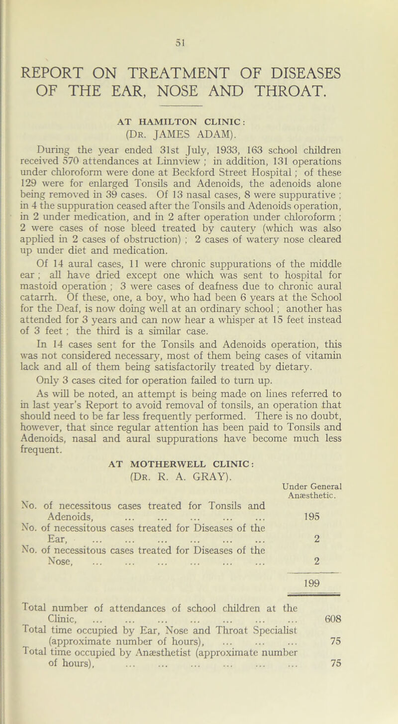 REPORT ON TREATMENT OF DISEASES OF THE EAR, NOSE AND THROAT. AT HAMILTON CLINIC: (Dr. JAMES ADAM). During the year ended 31st July, 1933, 163 school children received 570 attendances at Linn view ; in addition, 131 operations under chloroform were done at Beckford Street Hospital; of these 129 were for enlarged Tonsils and Adenoids, the adenoids alone being removed in 39 cases. Of 13 nasal cases, 8 were suppurative ; in 4 the suppuration ceased after the Tonsils and Adenoids operation, in 2 under medication, and in 2 after operation under chloroform ; 2 were cases of nose bleed treated by cautery (which was also applied in 2 cases of obstruction) ; 2 cases of watery nose cleared up under diet and medication. Of 14 aural cases, 11 were chronic suppurations of the middle ear ; all have dried except one which was sent to hospital for mastoid operation ; 3 were cases of deafness due to chronic aural catarrh. Of these, one, a boy, who had been 6 years at the School for the Deaf, is now doing well at an ordinary school; another has attended for 3 years and can now hear a whisper at 15 feet instead of 3 feet ; the third is a similar case. In 14 cases sent for the Tonsils and Adenoids operation, this was not considered necessary, most of them being cases of vitamin lack and all of them being satisfactorily treated by dietary. Only 3 cases cited for operation failed to turn up. As will be noted, an attempt is being made on lines referred to in last year’s Report to avoid removal of tonsils, an operation that should need to be far less frequently performed. There is no doubt, however, that since regular attention has been paid to Tonsils and Adenoids, nasal and aural suppurations have become much less frequent. AT MOTHERWELL CLINIC : (Dr. R. A. GRAY). No. of necessitous cases treated for Tonsils and Adenoids, No. of necessitous cases treated for Diseases of the Ear, No. of necessitous cases treated for Diseases of the Nose, Under General Anaesthetic. 195 2 2 199 Total number of attendances of school children at the Clinic, ... ... Total time occupied by Ear, Nose and Throat Specialist (approximate number of hours), Total time occupied by Anaesthetist (approximate number of hours), 608 75 75