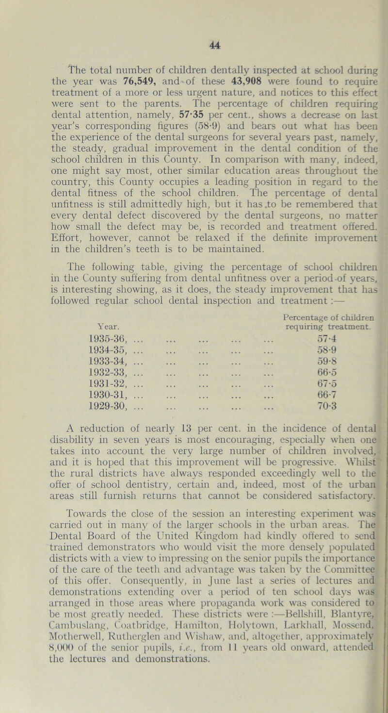 The total number of children dentally inspected at school during the year was 76,549, and of these 43,908 were found to require treatment of a more or less urgent nature, and notices to this effect were sent to the parents. The percentage of children requiring dental attention, namely, 57-35 per cent., shows a decrease on Last year’s corresponding ligures (58-9) and bears out what has been the experience of the dental surgeons for several years past, namely, the steady, gradual improvement in the dental condition of the school children in this County. In comparison with many, indeed, one might say most, other similar education areas throughout the country, this County occupies a leading position in regard to the dental fitness of the school children. The percentage of dental unfitness is still admittedly high, but it has .to be remembered that every dental defect discovered by the dental surgeons, no matter how small the defect may be, is recorded and treatment offered. Effort, however, cannot be relaxed if the definite improvement in the children’s teeth is to be maintained. The following table, giving the percentage of school children in the County suffering from dental unfitness over a period of years, is interesting showing, as it does, the steady improvement that has followed regular school dental inspection and treatment:— Year. 1935-39, 1934-35, 1933-34, 1932-33, 1931-32, 1930-31, 1929-30, Percentage of children requiring treatment. 57- 4 58- 9 59- 8 66-5 07-5 66-7 70-3 A reduction of nearly 13 per cent, in the incidence of dental disability in seven years is most encouraging, especially when one takes into account the very large number of children involved, and it is hoped that this improvement will be progressive. Whilst' the rural districts have always responded exceedingly well to the oiler of school dentistry, certain and, indeed, most of the urban areas still furnish returns that cannot be considered satisfactory. Towards the close of the session an interesting experiment was carried out in many of the larger schools in the urban areas. The Dental Board of the United Kingdom had kindly offered to send trained demonstrators who would visit the more densely populated districts with a view to impressing on the senior pupils the importance of the care of the teeth and advantage was taken by the Committee of this offer. Consequently, in June last a series of lectures and demonstrations extending over a period of ten school days was arranged in those areas where propaganda work was considered to be most greatly needed. These districts were :—Bellshill, Blantyre, Cambuslang, Coatbridge, Hamilton, Holytown, Larkhall, Mossend, Motherwell, Rutherglen and Wishaw, and, altogether, approximately 8,000 of the senior pupils, i.e., from 11 years old onward, attended the lectures and demonstrations.