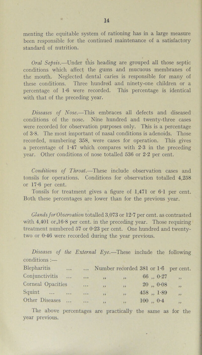 menting the equitable system of rationing has in a large measure been responsible for the continued maintenance of a satisfactory standard of nutrition. Oral Sepsis.—Under this heading are grouped all those septic conditions which affect the gums and mucuous membranes of the mouth. Neglected dental caries is responsible for many of these conditions. Three hundred and ninety-one children or a percentage of T6 were recorded. This percentage is identical with that of the preceding year. Diseases of Nose.—This embraces all defects and diseased conditions of the nose. Nine hundred and twenty-three cases were recorded for observation purposes only. This is a percentage of 3-8. The most important of nasal conditions is adenoids. Those recorded, numbering 358, were cases for operation. This gives a percentage of T47 which compares with 2-3 in the preceding year. Other conditions of nose totalled 536 or 2-2 per cent. Conditions of Throat.—These include observation cases and tonsils for operations. Conditions for observation totalled 4,258 or 17-6 per cent. Tonsils for treatment gives a figure of 1,471 or 6T per cent. Both these percentages are lower than for the previous year. Glands for Observation totalled 3,073 or 12-7 per cent, as contrasted with 4,401 or.16-8 per cent, in the preceding year. Those requiring treatment numbered 57 or 0-23 per cent. One hundred and twenty- two or 0-46 were recorded during the year previous. Diseases of the External Eye.—These include the following conditions :— Blepharitis . Number recorded 381 or T6 percent. Conjunctivitis Corneal Opacities Squint . Other Diseases .. 66 „ 0-27 20 „ 0-08 458 „ 1-89 100 „ 0-4 The above percentages are practically the same as for the year previous.