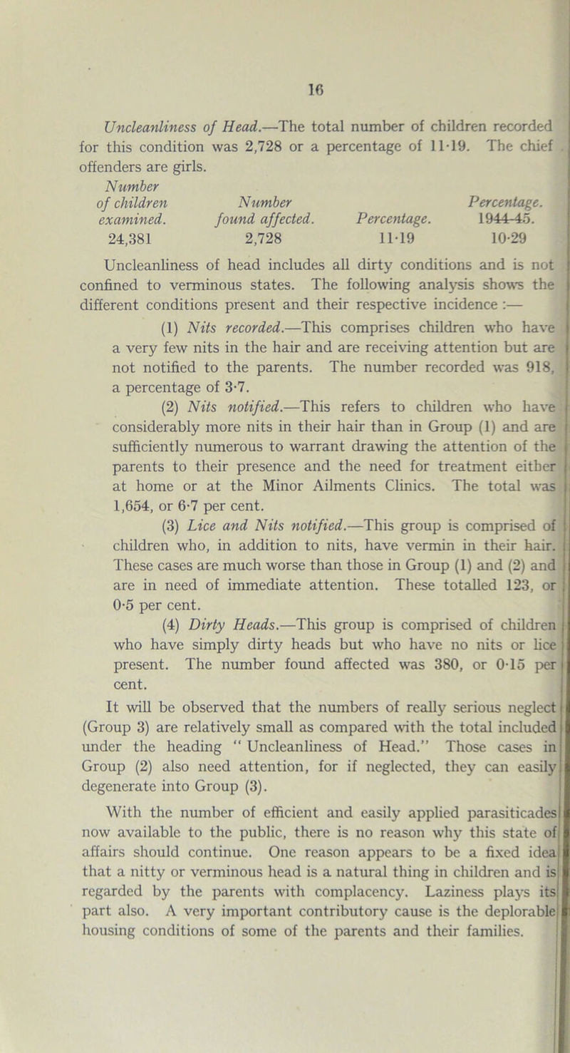 Uncleanliness of Head.—The total number of children recorded for this condition was 2,728 or a percentage of 11T9. The chief . offenders are girls. Number of children Number Percentage. examined. found affected. Percentage. 1944-45. 24,381 2,728 1M9 10-29 UncleanUness of head includes all dirty conditions and is not confined to verminous states. The following analysis sho'w's the different conditions present and their respective incidence:— (1) Nits recorded.—This comprises children who have a very few nits in the hair and are receiving attention but are not notified to the parents. The number recorded was 918, a percentage of 3-7. (2) Nits notified.—This refers to children who have considerably more nits in their hair than in Group (1) and are sufficiently numerous to warrant drawing the attention of the parents to their presence and the need for treatment either at home or at the Minor Ailments Clinics. The total was 1,654, or 6-7 per cent. (3) Lice and Nits notified.—This group is comprised of children who, in addition to nits, have vermin in their hair. These cases are much worse than those in Group (1) and (2) and are in need of immediate attention. These totalled 123, or 0-5 per cent. (4) Dirty Heads.—This group is comprised of children who have simply dirty heads but who have no nits or hce present. The number found affected was 380, or 0T5 per cent. It will be observed that the numbers of really serious neglect (Group 3) are relatively small as compared with the total included under the heading “ Uncleanliness of Head.” Those cases in Group (2) also need attention, for if neglected, they can easily degenerate into Group (3). ;■ With the number of efficient and easily applied parasiticades now available to the public, there is no reason why this state of affairs should continue. One reason appears to be a fixed idea that a nitty or verminous head is a natural thing in children and is regarded by the parents with complacency. Laziness plays its part also. A very important contributory cause is the deplorable housing conditions of some of the parents and their families. VI I 171