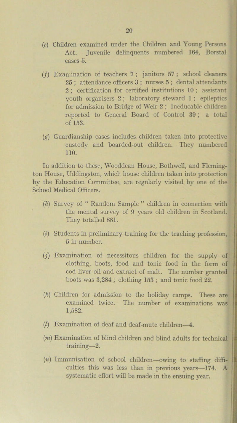 [e) Children examined under the Children and Young Persons Act. Juvenile delinquents numbered 164, Borstal cases 5. (/) Examination of teachers 7 ; janitors 57 ; school cleaners 25 ; attendance officers 3 ; nurses 5 ; dental attendants 2 ; certification for certified institutions 10 ; assistant youth organisers 2 ; laboratory steward 1 ; epileptics for admission to Bridge of Weir 2 ; Ineducable children reported to General Board of Control 39; a total of 153. {g) Guardianship cases includes children taken into protective custody and boarded-out children. They numbered no. In addition to these, Wooddean House, Bothwell, and Fleming- ton House, Uddingston, which house children taken into protection by the Education Committee, are regiilarly visited by one of the School Medical Officers. [h) Survey of  Random Sample ” children in connection with the mental survey of 9 years old children in Scotland. They totalled 881. (f) Students in preliminary training for the teaching profession, 5 in number. (J) Examination of necessitous children for the supply of clothing, boots, food and tonic food in the form of cod liver oil and extract of malt. The number granted boots was 3,284 ; clothing 153 ; and tonic food 22. [k] Children for admission to the holiday camps. These are examined twice. The number of examinations w^as 1,582. (l) Examination of deaf and deaf-mute children—4. (w) Examination of blind children and blind adults for technical training—2. («) Immunisation of school children—owing to staffing diffi¬ culties this w^as less than in previous 3'^ears—174. A systematic effort will be made in the ensuing year.