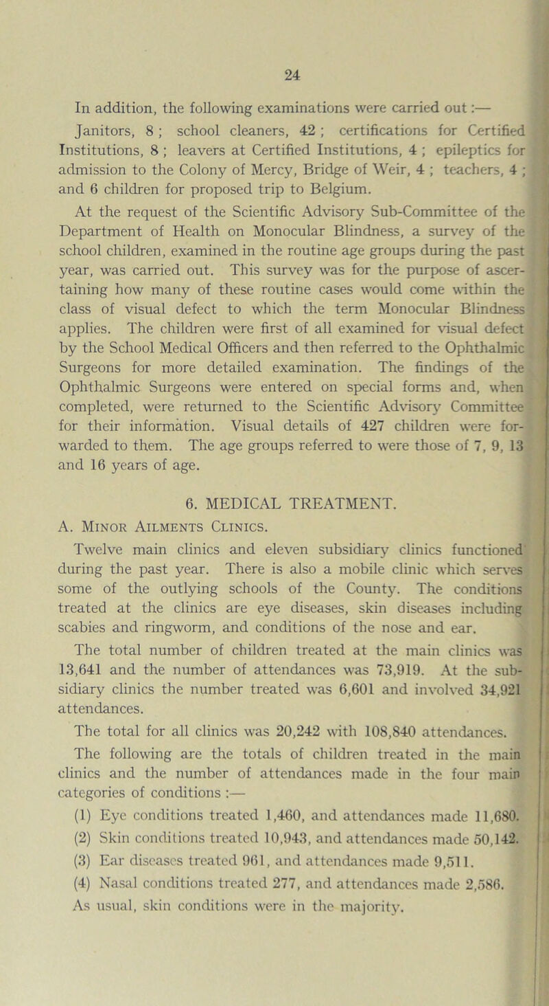 In addition, the following examinations were carried out:— Janitors, 8 ; school cleaners, 42 ; certifications for Certified Institutions, 8 ; leavers at Certified Institutions, 4 ; epileptics for admission to the Colony of Mercy, Bridge of Weir, 4 ; teachers, 4 ; and 6 children for proposed trip to Belgium. At the request of the Scientific Advisory Sub-Committee of the Department of Health on Monocular Blindness, a survey of the school children, examined in the routine age groups during the past year, was carried out. This survey was for the purpose of ascer¬ taining how many of these routine cases would come within the class of visual defect to which the term Monocular Blindness applies. The children were first of all examined for visual defect by the School Medical Officers and then referred to the Ophthalmic Surgeons for more detailed examination. The findings of the Ophthalmic Surgeons were entered on special forms and, when completed, were returned to the Scientific Advisory Committee for their information. Visual details of 427 children were for¬ warded to them. The age groups referred to were those of 7, 9, 13 and 16 years of age. 6. MEDICAL TREATMENT. A. Minor Ailments Clinics. Twelve main clinics and eleven subsidiary clinics functioned' during the past year. There is also a mobile clinic which serves some of the outlying schools of the County. The conditions treated at the clinics are eye diseases, skin diseases including scabies and ringworm, and conditions of the nose and ear. The total number of children treated at the main clinics was 13,641 and the number of attendances was 73,919. At the sub¬ sidiary clinics the number treated was 6,601 and involved 34,921 attendances. The total for all clinics was 20,242 with 108,840 attendances. ; The following are the totals of children treated in the main clinics and the number of attendances made in the four main categories of conditions :— (1) Eye conditions treated 1,460, and attendances made 11,680. (2) Skin conditions treated 10,943, and attendances made 50,142. (3) Ear diseases treated 961, and attendances made 9,511. (4) Nasal conditions treated 277, and attendances made 2,586. As usual, skin conditions were in the majority.