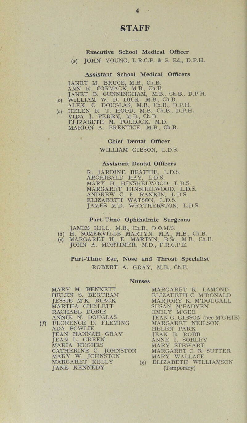 STAFF i Executive School Medical Officer (a) JOHN YOUNG, L.R.C.P. & S. Ed., D.P.H. Assistant School Medical Officers JANET M. BRUCE. M.B., Ch.B. ANN K. CORMACK, M.B., Ch.B. JANET B. CUNNINGHAM, M.B., Ch.B., D.P.H. (b) WILLIAM W. D. DICK, M.B., Ch.B. ALEX. C. DOUGLAS, M.B., Ch.B., D.P.H. (c) HELEN R. T. HOOD, M.B., Ch.B., D.P.H. VIDA J. PERRY, M.B., Ch.B. ELIZABETH M. POLLOCK, M.D. MARION A. PRENTICE, M.B., Ch.B. Chief Dental Officer WILLIAM GIBSON, L.D.S. Assistant Dental Officers R. JARDINE BEATTIE, L.D.S. ARCHIBALD HAY, L.D.S. MARY H. HINSHELWOOD, L.D.S. MARGARET HINSHELWOOD, L.D.S. ANDREW C. F. RANKIN, L.D.S. ELIZABETH WATSON, L.D.S. JAMES M'D. WEATHERSTON, L.D.S. Part-Time Ophthalmic Surgeons JAMES HILL, M.B., Ch.B., D.O.M.S. (d) H. SOMERVILLE MARTYN, M.A., M.B., Ch.B. (e) MARGARET H. E. MARTYN, B.Sc., M.B., Ch.B. JOHN A. MORTIMER, M.D., F.R.C.P.E. Part-Time Ear, Nose and Throat Specialist ROBERT A. GRAY, M.B., Ch.B. MARY M. BENNETT HELEN S. BERTRAM JESSIE M'K. BLACK MARTHA CHISLETT RACHAEL DOBIE ANNIE N. DOUGLAS (f) FLORENCE D. FLEMING ADA FOWLIE JEAN HANNAH GRAY JEAN L. GREEN MARIA HUGHES CATHERINE C. JOHNSTON MARY W. JOHNSTON MARGARET KELLY JANE KENNEDY Nurses MARGARET K. LAMOND ELIZABETH C. M'DONALD MARJORY Iv. M'DOUGALL SUSAN M‘FAD YEN EMILY M'GEE JEAN G. GIBSON (nee M'GHIE) MARGARET NEILSON HELEN PARK JEAN B. ROBB ANNE I. SORLEY MARY STEWART MARGARET C. R. SUTTER MARY WALLACE (g) ELIZABETH WILLIAMSON (Temporary)
