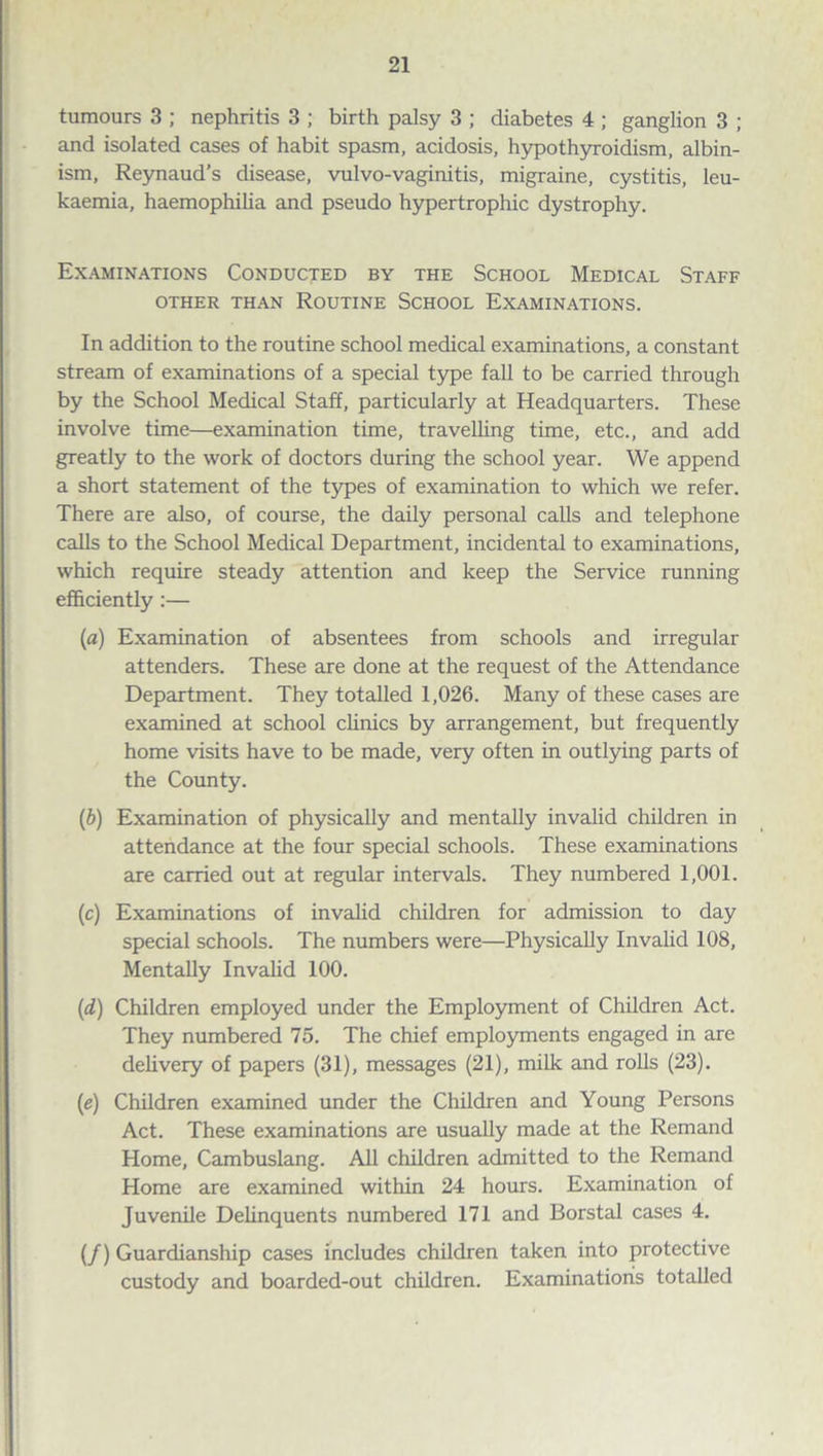 tumours 3 ; nephritis 3 ; birth palsy 3 ; diabetes 4 ; ganglion 3 ; and isolated cases of habit spasm, acidosis, hypothyroidism, albin¬ ism, Reynaud’s disease, vulvo-vaginitis, migraine, cystitis, leu¬ kaemia, haemophilia and pseudo hypertrophic dystrophy. Examinations Conducted by the School Medical Staff OTHER THAN ROUTINE SCHOOL EXAMINATIONS. In addition to the routine school medical examinations, a constant stream of examinations of a special type fall to be carried through by the School Medical Staff, particularly at Headquarters. These involve time—examination time, travelling time, etc., and add greatly to the work of doctors during the school year. We append a short statement of the types of examination to which we refer. There are also, of course, the daily personal calls and telephone calls to the School Medical Department, incidental to examinations, which require steady attention and keep the Service running efficiently :— (a) Examination of absentees from schools and irregular attenders. These are done at the request of the Attendance Department. They totalled 1,026. Many of these cases are examined at school clinics by arrangement, but frequently home visits have to be made, very often in outlying parts of the County. (b) Examination of physically and mentally invalid children in attendance at the four special schools. These examinations are carried out at regular intervals. They numbered 1,001. (c) Examinations of invalid children for admission to day special schools. The numbers were—Physically Invalid 108, Mentally Invalid 100. (d) Children employed under the Employment of Children Act. They numbered 75. The chief employments engaged in are delivery of papers (31), messages (21), milk and rolls (23). (e) Children examined under the Children and Young Persons Act. These examinations are usually made at the Remand Home, Cambuslang. All children admitted to the Remand Home are examined within 24 hours. Examination of Juvenile Delinquents numbered 171 and Borstal cases 4. (/) Guardianship cases includes children taken into protective custody and boarded-out children. Examinations totalled