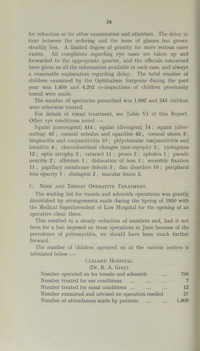 for refraction or for other examination and attention. The delay in time between the ordering and the issue of glasses has grown steadily less. A limited degree of priority for more serious cases exists. All complaints regarding eye cases are taken up and forwarded to the appropriate quarter, and the officials concerned have given us all the information available in each case, and always a reasonable explanation regarding delay. The total number of children examined by the Ophthalmic Surgeons during the past year was 1,959 and 4,202 re-inspections of children previously tested were made. The number of spectacles prescribed was 1,692 and 245 children were otherwise treated. For details of visual treatment, see Table VI of this Report. Other eye conditions noted :— Squint (convergent) 414 ; squint (divergent) 14 ; squint (alter- nating) 42 ; corneal nebulae and opacities 43 ; corneal ulcers 3 ; blepharitis and conjunctivitis 10 ; phlyctenular conjunctivitis and keratitis 4; choroidoretinal changes (non-myopic) 5 ; nystagmus 12 ; optic atrophy 2 ; cataract 11 ; ptosis 2 ; aphakia 1 ; pseudo neuritis 2 ; albinism 1 ; dislocation of lens 1 ; eccentric fixation 11 ; papillary membrane defects 5 ; disc disorders 10 ; peripheral lens opacity 1 ; chalagion 2 ; macular lesion 2. C. Nose and Throat Operative Treatment. The waiting list for tonsils and adenoids operations was greatly diminished by arrangements made during the Spring of 1950 with the Medical Superintendent of Law Hospital for the opening of an operative clinic there. This resulted in a steady reduction of numbers and, had it not been for a ban imposed on these operations in June because of the prevalence of poliomyelitis, we should have been much further forward. The number of children operated on at the various centres is tabulated below :— Cleland Hospital. (Dr. R. A. Gray). Number operated on for tonsils and adenoids ... 706 Number treated for ear conditions 7 Number treated for nasal conditions ... ... ... 12 Number examined and advised no operation needed 21 Number of attendances made by patients ... ... 1,909