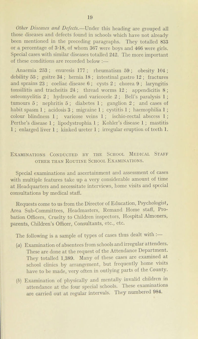 Other Diseases and Defects.—Under this heading are grouped all those diseases and defects found in schools which have not already been mentioned in the preceding paragraphs. They totalled 833 or a percentage of 3T8, of whom 367 were boys and 466 were girls. Special cases with similar diseases totalled 242. The more important of these conditions are recorded below :— Anaemia 253 ; enuresis 177 ; rheumatism 59 ; obesity 104 ; debility 55 ; goitre 34 ; hernia 18 ; intestinal gastro 12 ; fractures and sprains 23 ; coeliac disease 6 ; cysts 2 ; chorea 9 ; laryngitis tonsillitis and tracheitis 24 ; thread worms 12 ; appendicitis 8 ; osteomyelitis 2; hydrocele and varicocele 2 ; Bell’s paralysis 1 ; tumours 5 ; nephritis 5 ; diabetes 1 ; ganglion 2 ; and cases of habit spasm 1 ; acidosis 3 ; migraine 1 ; cystitis 1 ; haemophilia 1 ; colour blindness 1 ; varicose veins 1 ; ischio-rectal abscess 1 ; Perthe’s disease 1 ; lipodystrophia 1 ; Kohler’s disease 1 ; mastitis 1; enlarged liver 1 ; kinked ureter 1 ; irregular eruption of teeth 1. Examinations Conducted by the School Medical Staff OTHER THAN ROUTINE SCHOOL EXAMINATIONS. Special examinations and ascertainment and assessment of cases with multiple features take up a very considerable amount of time at Headquarters and necessitate interviews, home visits and special consultations by medical staff. Requests come to us from the Director of Education, Psychologist, Area Sub-Committees, Headmasters, Remand Home staff, Pro- bation Officers, Cruelty to Children inspectors, Hospital Almoners, parents, Children’s Officer, Consultants, etc., etc. The following is a sample of types of cases thus dealt with : (a) Examination of absentees from schools and irregular attenders. These are done at the request of the Attendance Department. They totalled 1,389. Many of these cases are examined at school clinics by arrangement, but frequently home visits have to be made, very often in outlying parts of the County. (b) Examination of physically and mentally invalid children in attendance at the four special schools. 1 hese examinations are carried out at regular intervals. They numbered 984.