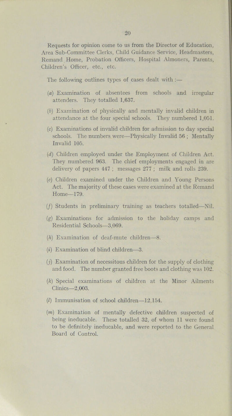 Requests for opinion come to us from the Director of Education, Area Sub-Committee Clerks, Child Guidance Service, Headmasters, Remand Home, Probation Officers, Hospital Almoners, Parents, Children’s Officer, etc., etc. The following outlines types of cases dealt with:— (a) Examination of absentees from schools and irregular attenders. They totalled 1,637. (b) Examination of physically and mentally invalid children in attendance at the four special schools. They numbered 1,051. (c) Examinations of invalid children for admission to day special schools. The numbers were-—Physically Invalid 56 ; Mentally Invalid 105. (d) Children employed under the Employment of Children Act. They numbered 963. The chief employments engaged in are delivery of papers 447 ; messages 277 ; milk and rolls 239. (e) Children examined under the Children and Young Persons Act. The majority of these cases were examined at the Remand Home—179. (/) Students in preliminary training as teachers totalled—Nil. (g) Examinations for admission to the holiday camps and Residential Schools—3,069. (h) Examination of deaf-mute children—8. (i) Examination of blind children—3. (j) Examination of necessitous children for the supply of clothing and food. The number granted free boots and clothing was 102. (k) Special examinations of children at the Minor Ailments Clinics—2,003. (Z) Immunisation of school children—12,154. (m) Examination of mentally defective children suspected of being ineducable. These totalled 32, of whom 11 were found to be definitely ineducable, and were reported to the General Board of Control.