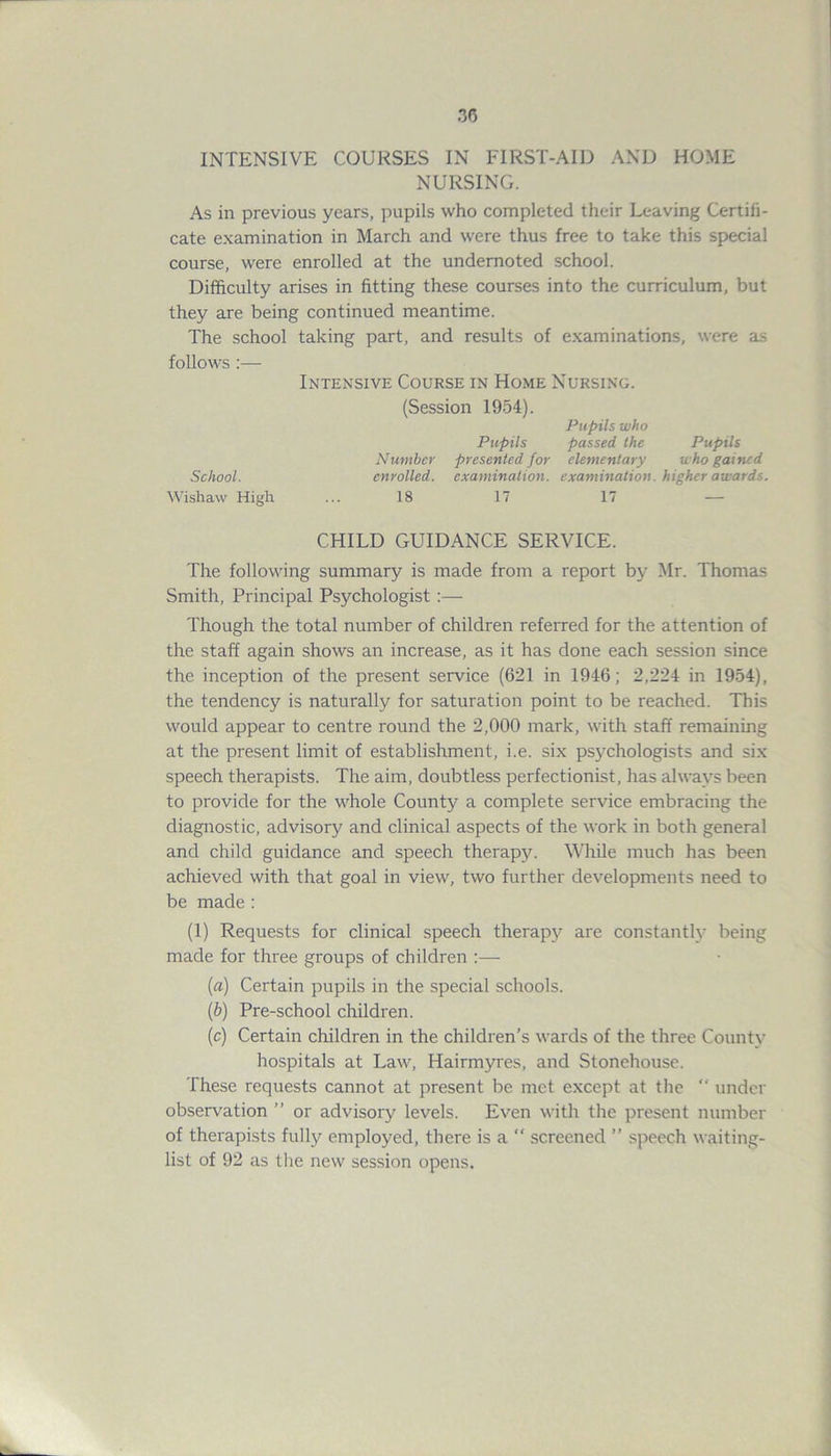 INTENSIVE COURSES IN FIRST-AID AND HOME NURSING. As in previous years, pupils who completed their Leaving Certifi- cate examination in March and were thus free to take this special course, were enrolled at the undernoted school. Difficulty arises in fitting these courses into the curriculum, but they are being continued meantime. The school taking part, and results of examinations, were as follows :— Intensive Course in Home Nursing. (Session 1954). Pupils who Pupils passed the Pupils Number presented for elementary who gained School. enrolled, examination, examination, higher awards. Wishaw High ... 18 17 17 — CHILD GUIDANCE SERVICE. The following summary is made from a report by Mr. Thomas Smith, Principal Psychologist :— Though the total number of children referred for the attention of the staff again shows an increase, as it has done each session since the inception of the present service (621 in 1946; 2,224 in 1954), the tendency is naturally for saturation point to be reached. This would appear to centre round the 2,000 mark, with staff remaining at the present limit of establishment, i.e. six psychologists and six speech therapists. The aim, doubtless perfectionist, has always been to provide for the whole County a complete service embracing the diagnostic, advisory and clinical aspects of the work in both general and child guidance and speech therapy. While much has been achieved with that goal in view, two further developments need to be made : (1) Requests for clinical speech therapy are constantly being made for three groups of children :— (a) Certain pupils in the special schools. (b) Pre-school children. (c) Certain children in the children’s wards of the three County hospitals at Law, Hairmyres, and Stonehouse. These requests cannot at present be met except at the  under observation ” or advisory levels. Even with the present number of therapists fully employed, there is a “ screened ” speech waiting- list of 92 as the new session opens.