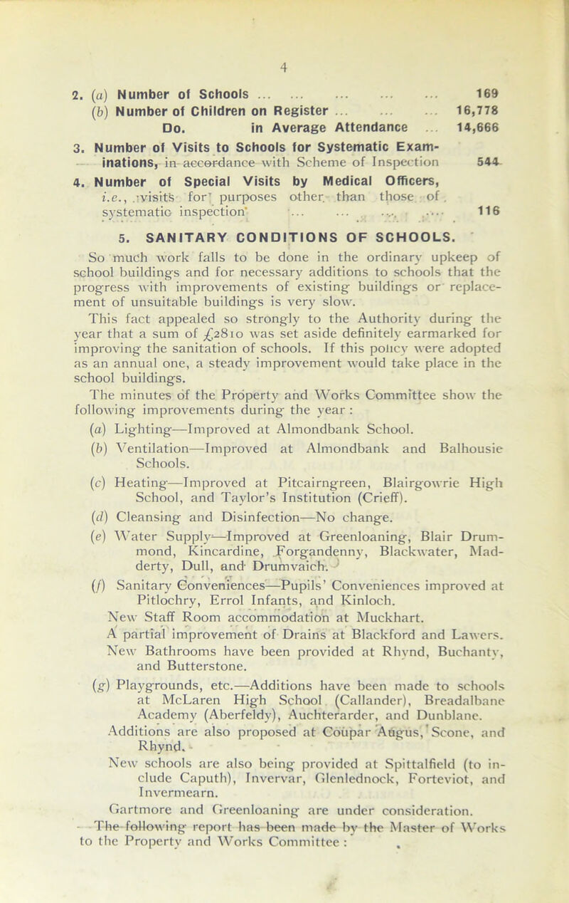 2. (a) Number of Schools 169 (b) Number of Children on Register 16,778 Do. in Average Attendance 14,666 3. Number of Visits to Schools for Systematic Exam- inations, in accordance with Scheme of Inspection 544 4. Number of Special Visits by Medical Officers, i.e., ,-visitS for; purposes other, than those of. systematic inspection' •... ... ...., ..... 116 5. SANITARY CONDITIONS OF SCHOOLS. So much work falls to be done in the ordinary upkeep of school buildings and for necessary additions to schools that the progress with improvements of existing buildings or replace- ment of unsuitable buildings is very slow. This fact appealed so strongly to the Authority during the year that a sum of ^2810 was set aside definitely earmarked for improving the sanitation of schools. If this policy were adopted as an annual one, a steady improvement would take place in the school buildings. The minutes of the Property and Works Committee show the following improvements during the year : (a) Lighting—Improved at Almondbank School. (b) Ventilation—Improved at Almondbank and Balhousie Schools. (c) Heating—Improved at Pitcairngreen, Blairgowrie High School, and Taylor’s Institution (Crieff). (cl) Cleansing and Disinfection—No change. (e) Water Supply^—Improved at Greenloaning, Blair Drum- mond, Kincardine, Forgandenny, Blackwater, Mad- derty, Dull, and- Drumvaich. (!) Sanitary Conveniences—Pupils’ Conveniences improved at Pitlochry, Errol Infants, and Kinloch. New Staff Room accommodation at Muckhart. A partial improvement of Drains at Blackford and Lawers. New Bathrooms have been provided at Rhynd, Buchanty, and Butterstone. (g) Playgrounds, etc.—Additions have been made to schools at McLaren High School (Callander), Breadalbane Academy (Aberfeldv), Auchterarder, and Dunblane. Additions are also proposed at Coupar Afigus,' Scone, and Rhynd. New schools are also being provided at Spittalfield (to in- clude Caputh), Invervar, Glenlednock, Forteviot, and Invermearn. Gartmore and Greenloaning are under consideration. The following report has been made by the Master of Works to the Property and Works Committee :