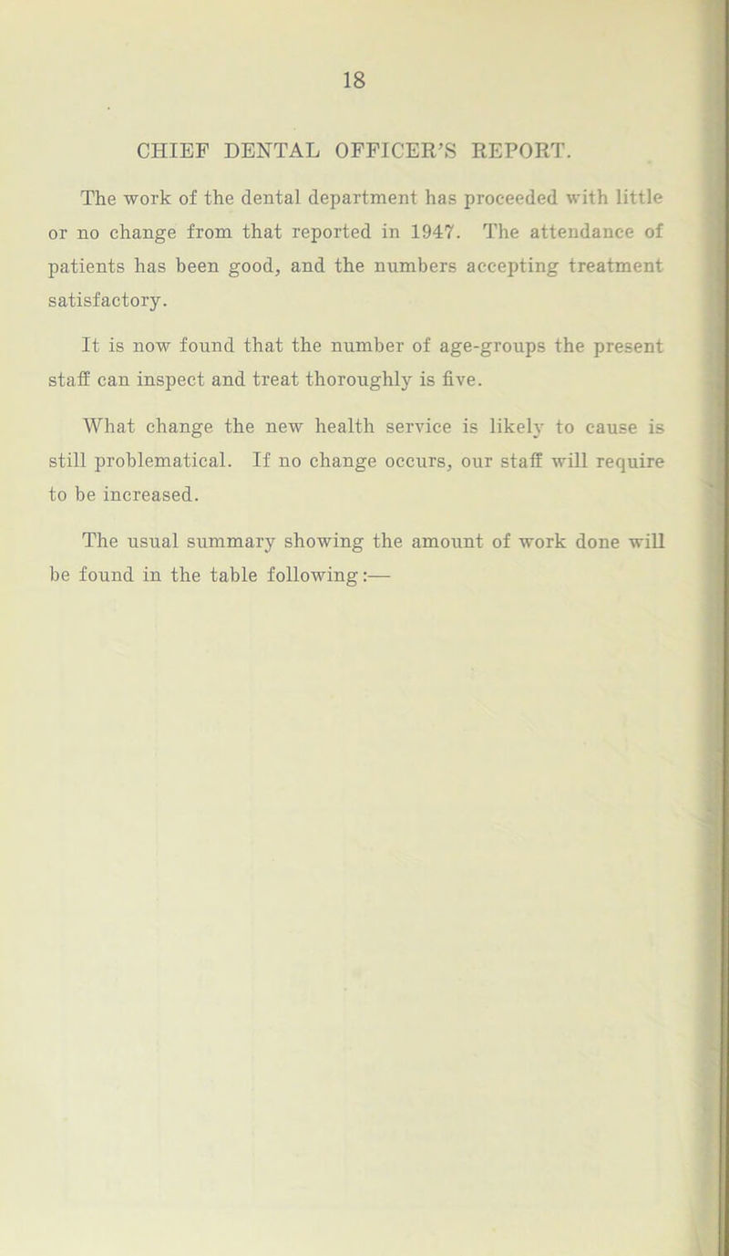 CHIEF DENTAL OFFICER’S REPORT. The work of the dental department has proceeded with little or no change from that reported in 1947. The attendance of patients has been good, and the numbers accepting treatment satisfactory. It is now found that the number of age-groups the present staff can inspect and treat thoroughly is five. What change the new health service is likely to cause is still problematical. If no change occurs, our staff will require to be increased. The usual summary showing the amount of work done will be found in the table following:—
