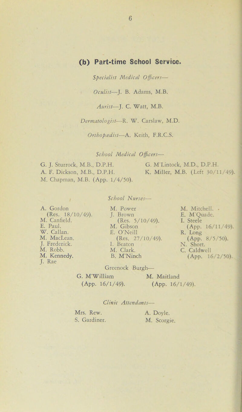 (b) Part-time School Service. Specialist Medical Officers— Oculist—]. B. Adams, M.B. Aurist—J. C. Watt, M.B. Dermatologist—R. W. Carslaw, M.D. Orthopcedist—A. Keith, F.R.C.S. School Medical Officers— G. J. Sturrock, M.B., D.P.H. G. MLintock, M.D., D.P.H. A. F. Dickson, M.B., D.P.H. K. Miller, M.B. (Lett 30/11/49). M. Chapman, M.B. (App. 1/4/50). School Nurses— A. Gordon (Res. 18/10/49). Canfield. Paul. Callan. MacLean. Robb. Kennedy. J. Rae M. Power J. Brown (Res. 5/10/49). M. Gibson £. O'Neill (Res. 27/10/49). I. Beaton M. Clark. B. M'Ninch Greenock Burgh— M. Mitchell. • E. M’Quade. I. Steele (App. 16/11/49). R. Long (App. 8/5/50). N. Short. C. Caldwell (App. 16/2/50). G. M'William M. Maitland (App. 16/1/49). (App. 16/1/49). Clinic Attendants— Mrs. Rew. S. Gardiner. A. Doyle. M. Scorgie.