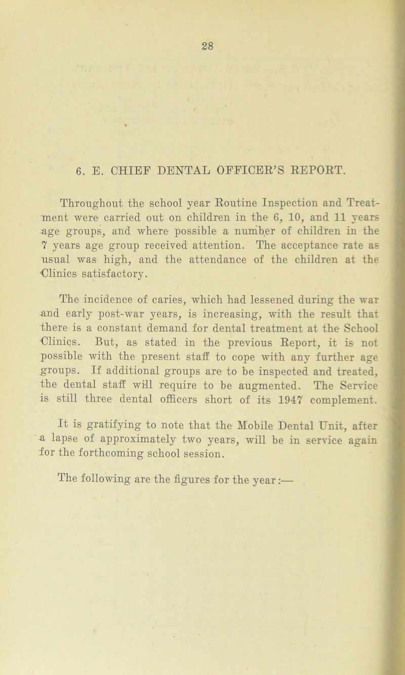 6. E. CHIEF DENTAL OFFICER’S REPORT. Throughout the school year Routine Inspection and Treat- ment were carried out on children in the 6, 10, and 11 years age groups, and where possible a number of children in the 7 years age group received attention. The acceptance rate as usual was high, and the attendance of the children at the ■Clinics satisfactory. The incidence of caries, which had lessened during the war and early post-war years, is increasing, with the result that there is a constant demand for dental treatment at the School Clinics. But, as stated in the previous Report, it is not possible with the present staff: to cope with any further age groups. If additional groups are to be inspected and treated, the dental staff will require to be augmented. The Service is still three dental officers short of its 1947 complement. It is gratifying to note that the Mobile Dental Unit, after a lapse of approximately two years, will be in service again for the forthcoming school session. The following are the figures for the year:—