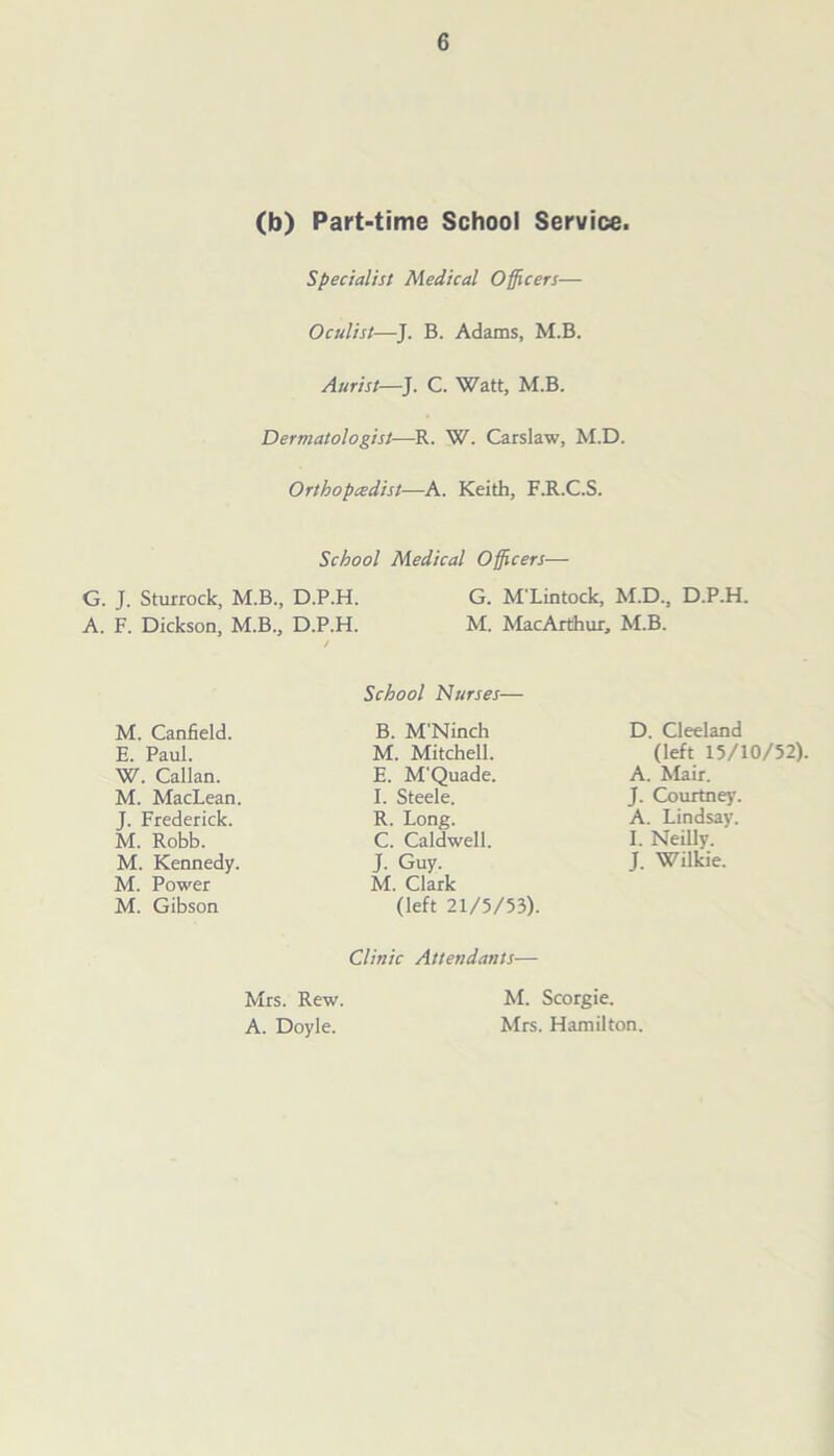 (b) Part-time School Service. Specialist Medical Officers— Oculist—J. B. Adams, M.B. Aurist—J. C. Watt, M.B. Dermatologist—R. W. Carslaw, M.D. Orthopcedist—A. Keith, F.R.C.S. School Medical Officers— G. J. Sturrock, M.B., D.P.H. G. M'Lintock, M.D., D.P.H. A. F. Dickson, M.B., D.P.H. M. MacArthur, M.B. Canfield. Paul. Callan. MacLean. Robb. Kennedy. Power Gibson School Nurses— B. M'Ninch M. Mitchell. E. M'Quade. I. Steele. R. Long. C. Caldwell. J. Guy. M. Clark (left 21/5/53). Clinic Attendants— D. Cleeland (left 15/10/52). A. hfair. J. Courtney. A. Lindsay. I. Neilly. J. Wilkie. Mrs. Rew. A. Doyle. M. Scorgie. Mrs. Hamilton.