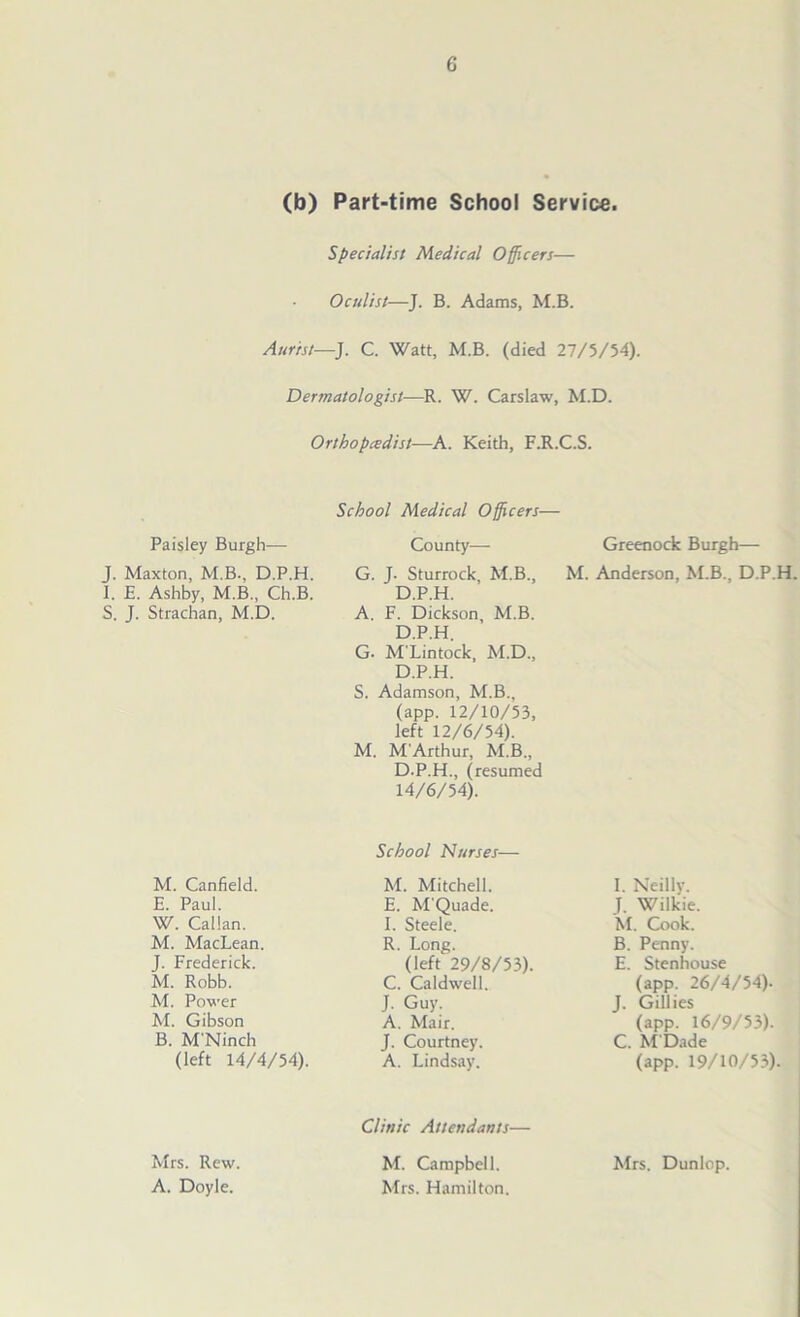 G (b) Part-time School Service. Specialist Medical Officers— Oculist—J. B. Adams, M.B. Aurist—J. C. Watt, M.B. (died 27/5/54). Dermatologist—R. W. Carslaw, M.D. Orthopedist—A. Keith, F.R.C.S. Paisley Burgh— J. Maxton, M.B., D.P.H. I. E. Ashby, M.B, Ch.B. S. J. Strachan, M.D. M. Canfield. E. Paul. W. Callan. M. MacLean. J. Frederick. M. Robb. M. Power M. Gibson B. M'Ninch (left 14/4/54). Mrs. Rew. A. Doyle. School Medical Officers— County— School Nurses— M. Mitchell. E. M'Quade. I. Steele. R. Long. (left 29/8/53). C. Caldwell. J. Guy. A. Mair. J. Courtney. A. Lindsay. Clinic Attendants— M. Campbell. Mrs. Hamilton. Greenock Burgh— I. Neilly. J. Wilkie. M. Cook. B. Penny. E. Stenhouse (app. 26/4/54). J. Gillies (app. 16/9/53). C. M'Dade (app. 19/10/53). Mrs. Dunlop. G. J- Sturrock, M.B, M. Anderson, M.B, D.P.H D.P.H. A. F. Dickson, M.B. D.P.H. G. M'Lintock, M.D, D.P.H. S. Adamson, M.B, (app. 12/10/53, left 12/6/54). M. M'Arthur, M.B, D.P.H, (resumed 14/6/54).