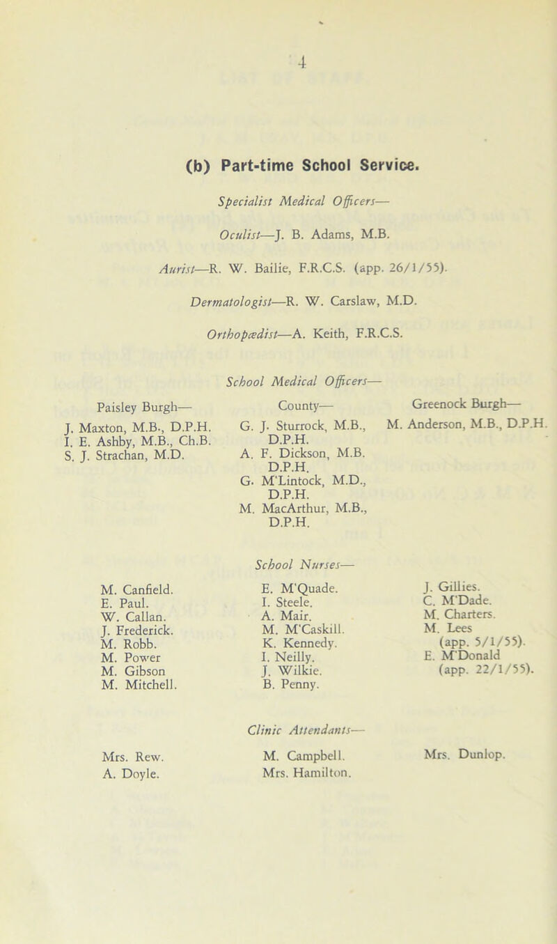 (b) Part-time School Service. Specialist Medical Officers— Oculist—J. B. Adams, M.B. Aurist—R. W. Bailie, F.R.C.S. (app. 26/1/55). Dermatologist—Ik. W. Carslaw, M.D. Orthopcedist—A. Keith, F.R.C.S. Paisley Burgh— J. Maxton, M.B., D.P.H. I, E. Ashby, M.B., Ch.B. S. J. Strachan, M.D. M. Canfield. E. Paul. W. Callan. J. Frederick. M. Robb. M. Power M. Gibson M. Mitchell. Mrs. Rew. A. Doyle. School Medical Officers— County— G. J. Sturrock, M.B., D.P.H. A. F. Dickson, M.B. D.P.H. G- M'Lintock, M.D., D.P.H. M. MacArthur, M.B., D.P.H. School Nurses— E. M'Quade. I. Steele. A. Mair. M. M'Caskill. K. Kennedy. I. Neilly. J. Wilkie. B. Penny. Clinic Attendants— M. Campbell. Mrs. Hamilton. Greenock Burgh— M. Anderson, M.B., D.P.H J. Gillies. C. M'Dade. M. Charters. M. Lees (app. 5/1/55). E. M'Donald (app. 22/1/55). Mrs. Dunlop.