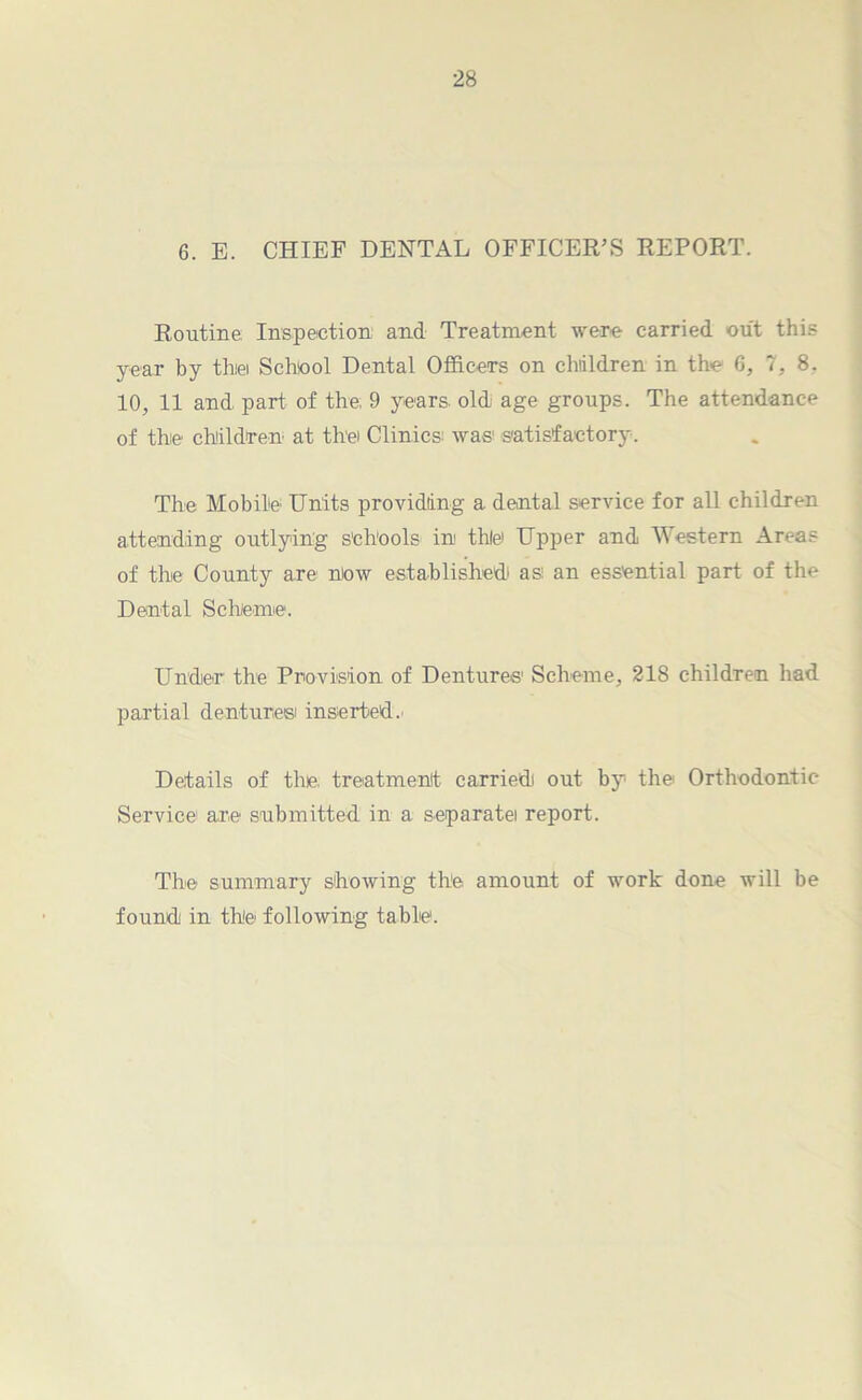 6. E. CHIEF DENTAL OFFICER’S REPORT. Routine Inspection and Treatment were carried out this year by thiei School Dental Officers on children in the 6, 7, 8. 10, 11 and part of the, 9 years old age groups. The attendance of the children at thei Clinics: was' satisfactory. The Mobile Units providing a dental service for all children attending outlying s'ch'ools in thiei Upper and Western Areas of the County are mow established as- an essential part of the Dental Scheme. Under the Provision of Dentures1 Scheme, 218 children had partial dentures: inserted.' Details of the treatment carried out by the Orthodontic Service1 are submitted in a separate report. The summary showing the amount of work done will be found in the following table.