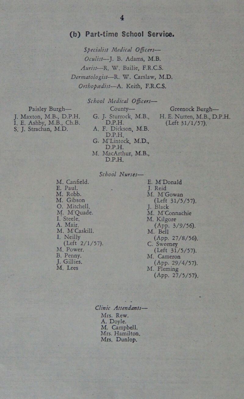 (b) Part-time School Service. Specialist Medical Officers— Oculist—J. B. Adams, M.B. Aurist—R. W. Bailie, F.R.C.S. Dermatologist—R. W. Carslaw, M.D. Orthopcedist—A. Keith, F.R.C.S. Paisley Burgh— J. Maxton, M.B., D.P.H. I. E. Ashby, M.B., Ch.B. S. J. Strachan, M.D. School Medical Officers— County— G. J- Sturrock, M.B., D.P.H. A. F. Dickson, M.B. D.P.H. G. M'Lintock, M.D., D.P.H. M. MacArthur, M.B., D.P.H. Greenock Burgh— H. E. Nutten, M.B., D.P.H (Left 31/1/57). School Nurses— M. Canfield. E. Paul. M. Robb. M. Gibson 0. Mitchell. M. M'Quade. 1. Steele. A. Mair. M. M'Caskill. I. Neilly (Left 2/1/57). M. Power. B. Penny. J. Gillies. M. Lees E. M'Donald J. Reid M. M'Gowan (Left 31/5/57). J. Black M. M'Connachie M. Kilgore (APP. 3/9/56). M. Bell (App. 27/8/56). C. Sweeney (Left 31/5/57). M. Cameron (App. 29/4/57). M. Fleming (App. 27/5/57). Clinic Attendants— Mrs. Rew. A. Doyle. M. Campbell. Mrs. Hamilton. Mrs. Dunlop.