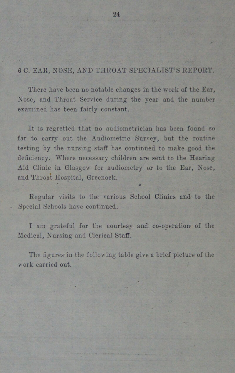 6 C. EAR., NOSE, AND THROAT SPECIALIST’S REPORT. There have been no notable changes in the work of the Ear, Nose, and Throat Service during the year and the number examined lias been fairly constant. It is regretted that no audiometrician has been found so far to carry out the Audiometric Survey, but the routine testing by the nursing staff has continued to make good the deficiency. Where necessary children are sent to the Hearing Aid Clinic in Glasgow for audiometr}r or to the Ear, Nose, and Throat Hospital, Greenock. Regular visits to the various School Clinics and' to the Special Schools have continued. I am grateful for the courtesy and co-operation of the Medical, Nursing and Clerical Staff. The figures in the following table give a brief picture of the work carried out.