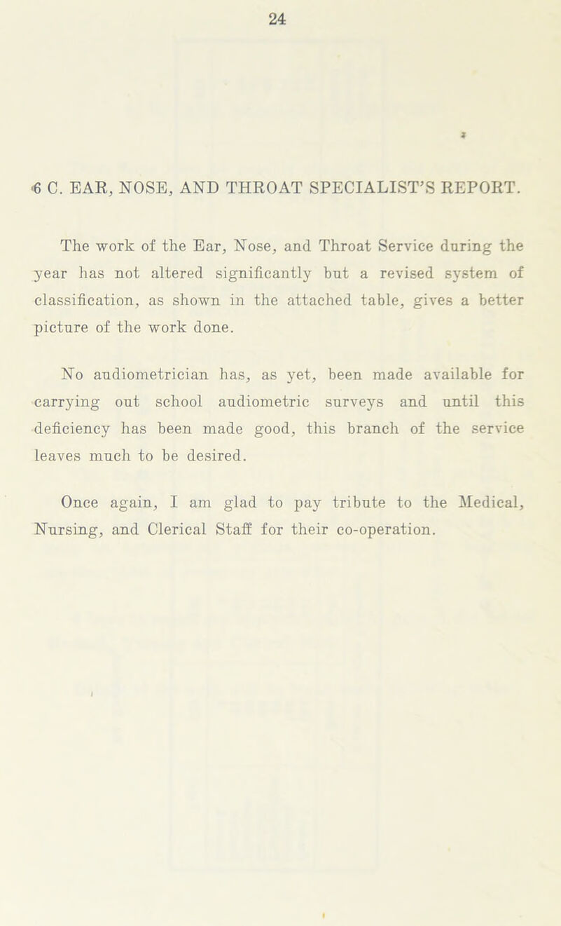 ■6 C. EAR, NOSE, AND THROAT SPECIALIST’S REPORT. The work of the Ear, Nose, and Throat Service during the 3'ear has not altered significantly but a revised system of classification, as shown in the attached table, gives a better picture of the work done. No audiometrician has, as yet, been made available for carrying out school audiometric surveys and until this deficiency has been made good, this branch of the service leaves much to be desired. Once again, I am glad to pay tribute to the Medical, Nursing, and Clerical Staff for their co-operation.