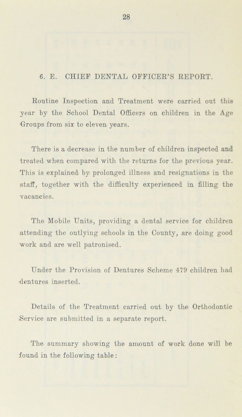 6. E. CHIEF DENTAL OFFICER’S REPORT. Routine Inspection, and Treatment were carried out this year by the School Dental Officers on children in the Age Groups from six to eleven years. There is a decrease in the number of children inspected and treated when compared with the returns for the previous year. This is explained by prolonged illness and resignations in the staff, together with the difficulty experienced in filling the vacancies. The Mobile Units, providing a dental service for children attending the outlying schools in the County, are doing good work and are well patronised. Under the Provision of Dentures Scheme 479 children had dentures inserted. Details of the Treatment carried out by the Orthodontic Service are submitted in a separate report. The summary showing the amount of work done will be found in the following table: