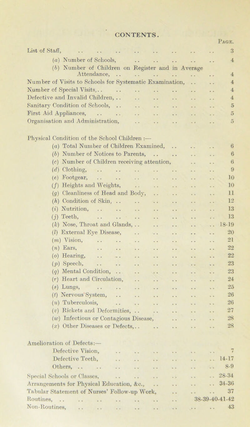 CONTENTS. Page. List of Staff, .. .. .. .. .. .. .. .. 3 (a) Number of Schools, .. .. .. .. .. 4 (b) Number of Children on Register and in Average Attendance, .. .. .. .. .. .. 4 Number of Visits to Schools for Systematic Examination, .. .. 4 Number of Special Visits,.. .. .. .. .. .. .. 4 Defective and Invalid Children, .. .. .. .. .. .. 4 Sanitary Condition of Schools, .. .. .. .. .. .. 5 First Aid Appliances, .. .. .. .. .. .. .. 5 Organisation and Administration, .. .. .. .. .. 5 Physical Condition of the School Children :— (a) Total Number of Children Examined, .. .. .. 6 (b) Number of Notices to Parents, .. .. .. .. 6 (c) Number of Children receiving attention, .. .. 6 (d) Clothing, .. .. .. .. .. .. .. 9 (e) Footgear, .. .. .. .. .. .. .. 10 (/) Heights and Weights, .. .. .. .. .. 10 (g) Cleanliness of Head and Body, .. .. .. .. 11 (h) Condition of Skin, .. .. .. .. .. .. 12 (i) Nutrition, .. .. .. .. .. .. .. 13 O') Teeth, 13 (lc) Nose, Throat and Glands, .. .. .. .. .. 18-19 (l) External Eye Disease, .. .. .. .. .. 20 (to) Vision, .. .. .. .. .. .. .. 21 (n) Ears, .. .. .. .. .. .. .. 22 (o) Hearing, .. .. .. .. .. 22 (p) Speech, .. .. .. .. .. .. .. 23 (q) Mental Condition, .. .. .. .. .. .. 23 (r) Heart and Circulation, .. .. .. .. .. 24 (s) Lungs, .. .. .. .. .. .. .. 25 (I) Nervous'System, .. .. .. .. .. .. 26 (;t) Tuberculosis, .. .. .. .. .. .. 26 (v) Rickets and Deformities, .. .. .. .. .. 27 (w) Infectious or Contagious Disease, .. .. .. 28 (x) Other Diseases or Defects,.. .. .. .. .. 28 Amelioration of Defects:— Defective Vision, .. .. .. .. .. .. 7 Defective Teeth, .. .. .. .. .. .. 14-17 Others, .. .. .. .. .. .. .. .. 8-9 Special Schools or Classes. .. .. .. .. .. ■. 28-34 Arrangements for Physical Education, &e., .. .. .. .. 34-36 Tabular Statement of Nurses’ Follow-up Work, .. .. .. 37 Routines, .. .. .. .. .. .. .. 38-39-40-41-42 Non-Routines, .. .. .. .. .. .. .. .. 43