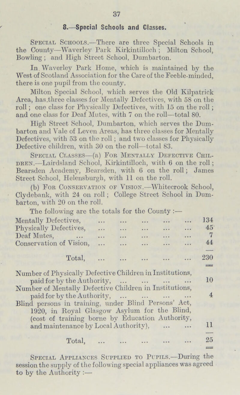 8.—Special Schools and Classes. Special Schools.—There are three Special Schools in the County—Waverley Park Kirkintilloch ; Milton School, Bowling ; and High Street School, Dumbarton. In . Waverley Park Home, which is maintained by the West of Scotland Association for the Care of the Feeble-minded, there is one pupil from the county. Milton Special School, which serves the Old Kilpatrick Area, has.three classes for Mentally Defectives, with 58 on the roll; one class for Physically Defectives, with 15 on the roll; and one class for Deaf Mutes, with 7 on the roll—total 80. High Street School, Dumbarton, which serves the Dum- barton and Vale of Leven Areas, has three classes for Mentally Defectives, with 53 on the roll; and two classes for Physically Defective children, with 30 on the roll—total 83. Special Classes—(a) For Mentally Defective Chil- dren.—Lairdsland School, Kirkintilloch, with 6 on the roll; Bearsden Academy, Bearsden, with 0 on the roll; Janies Street School, Helensburgh, with 11 on the roll. (b) For Conservation of Vision.—Whitecrook School, Clydebank, with 24 on roll; College Street School in Dum- barton, with 20 on the roll. The following are the totals for the County :— Mentally Defectives, ... Physically Defectives, ... ... Deaf Mutes, Conservation of Vision, Total, Number of Physically Defective Children in Institutions, paid for by the Authority, Number of Mentally Defective Children in Institutions, paid for by the Authority, ... Blind persons in training, under Blind Persons’ Act, 1920, in Royal Glasgow Asylum for the Blind, (cost of training borne by Education Authority, and maintenance by Local Authority), Total, 134 45 7 44 230 10 4 11 25 Special Appliances Supplied to Pupils.—During the session the supply of the following special appliances was agreed to by the Authority :—
