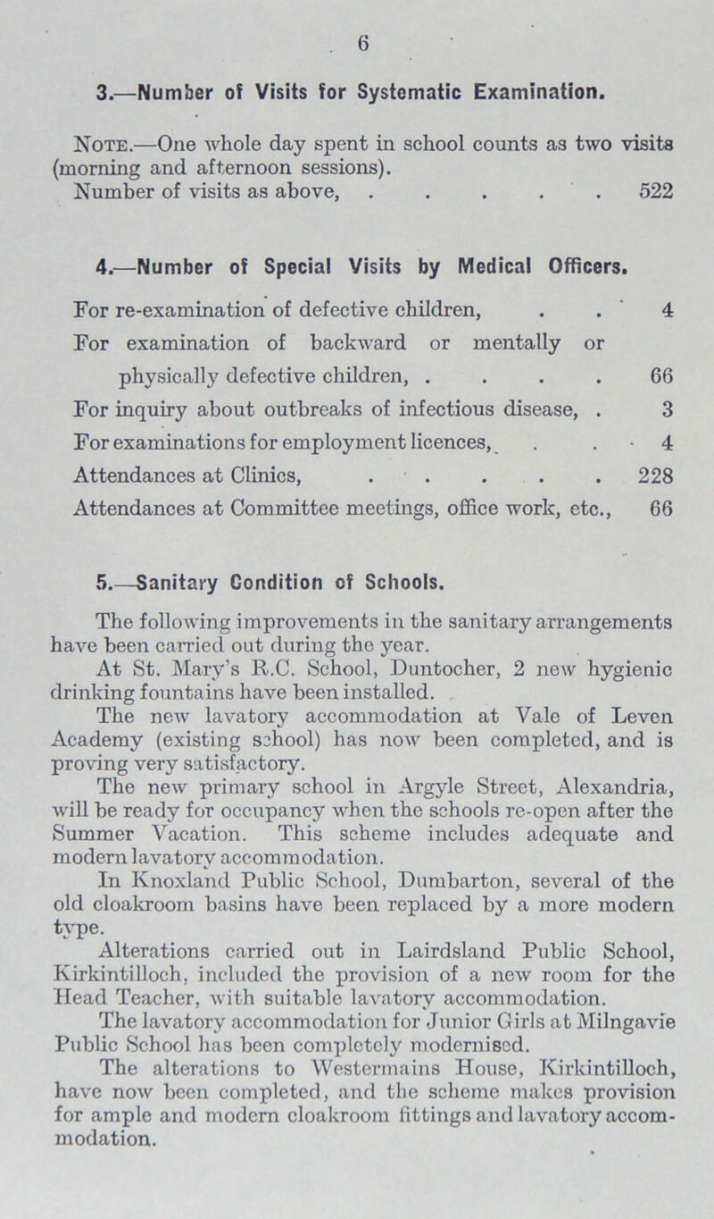 3. —Number of Visits for Systematic Examination. Note.—One whole day spent in school counts as two visits (morning and afternoon sessions). Number of visits as above, . . . . 522 4. —Number of Special Visits by Medical Officers. For re-examination of defective children, . . 4 For examination of backward or mentally or physically defective children, .... 66 For inquiry about outbreaks of infectious disease, . 3 For examinations for employment licences, . . - 4 Attendances at Clinics, . . . . 228 Attendances at Committee meetings, office work, etc., 66 5.—Sanitary Condition of Schools. The following improvements in the sanitary arrangements have been carried out during the year. At St. Mary’s R.C. School, Duntocher, 2 new hygienic drinking fountains have been installed. The new lavatory accommodation at Vale of Leven Academy (existing school) has now been completed, and is proving very satisfactory. The new primary school in Argyle Street, Alexandria, will be ready for occupancy when the schools re-open after the Summer Vacation. This scheme includes adequate and modern lavatory accommodation. In Knoxland Public School, Dumbarton, several of the old cloakroom basins have been replaced by a more modern type. Alterations carried out in Lairdsland Public School, Kirkintilloch, included the provision of a new room for the Head Teacher, with suitable lavatory accommodation. The lavatory accommodation for Junior Girls at Milngavie Public School has been completely modernised. The alterations to Westermains House, Kirkintilloch, have now been completed, and the scheme makes provision for ample and modern cloakroom fittings and lavatory accom- modation.