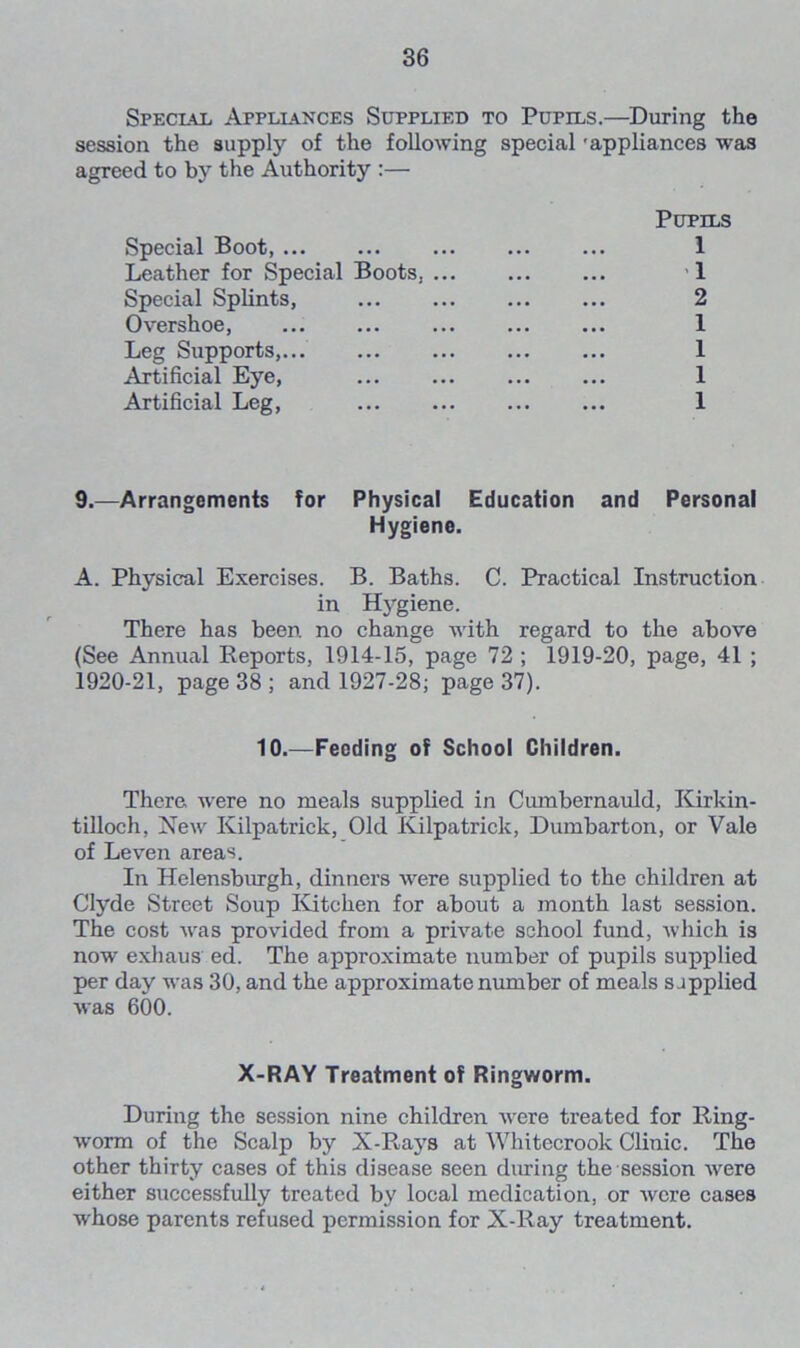 Special Appliances Supplied to Pupils.—During the session the supply of the following special 'appliances was agreed to by the Authority :— Pupils Special Boot, ... ... ... 1 Leather for Special Boots, ... ... ... 1 Special Splints, ... ... 2 Overshoe, ... ... ... ... ... 1 Leg Supports, 1 Artificial Eye, ... ... ... ... 1 Artificial Leg, 1 9.—Arrangements for Physical Education and Personal Hygiene. A. Physical Exercises. B. Baths. C. Practical Instruction in Hygiene. There has been, no change with regard to the above (See Annual Reports, 1914-15, page 72 ; 1919-20, page, 41 ; 1920-21, page 38 ; and 1927-28; page 37). 10.—Feeding of School Children. There were no meals supplied in Cumbernauld, Kirkin- tilloch, New Kilpatrick, Old Kilpatrick, Dumbarton, or Vale of Leven areas. In Helensburgh, dinners were supplied to the children at Clyde Street Soup Kitchen for about a month last session. The cost was provided from a private school fund, which is now exhaus ed. The approximate number of pupils supplied per day was 30, and the approximate number of meals supplied was 600. X-RAY Treatment of Ringworm. During the session nine children were treated for Ring- worm of the Scalp by X-Rays at Whitecrook Clinic. The other thirty cases of this disease seen during the session were either successfully treated by local medication, or were cases whose parents refused permission for X-Ray treatment.