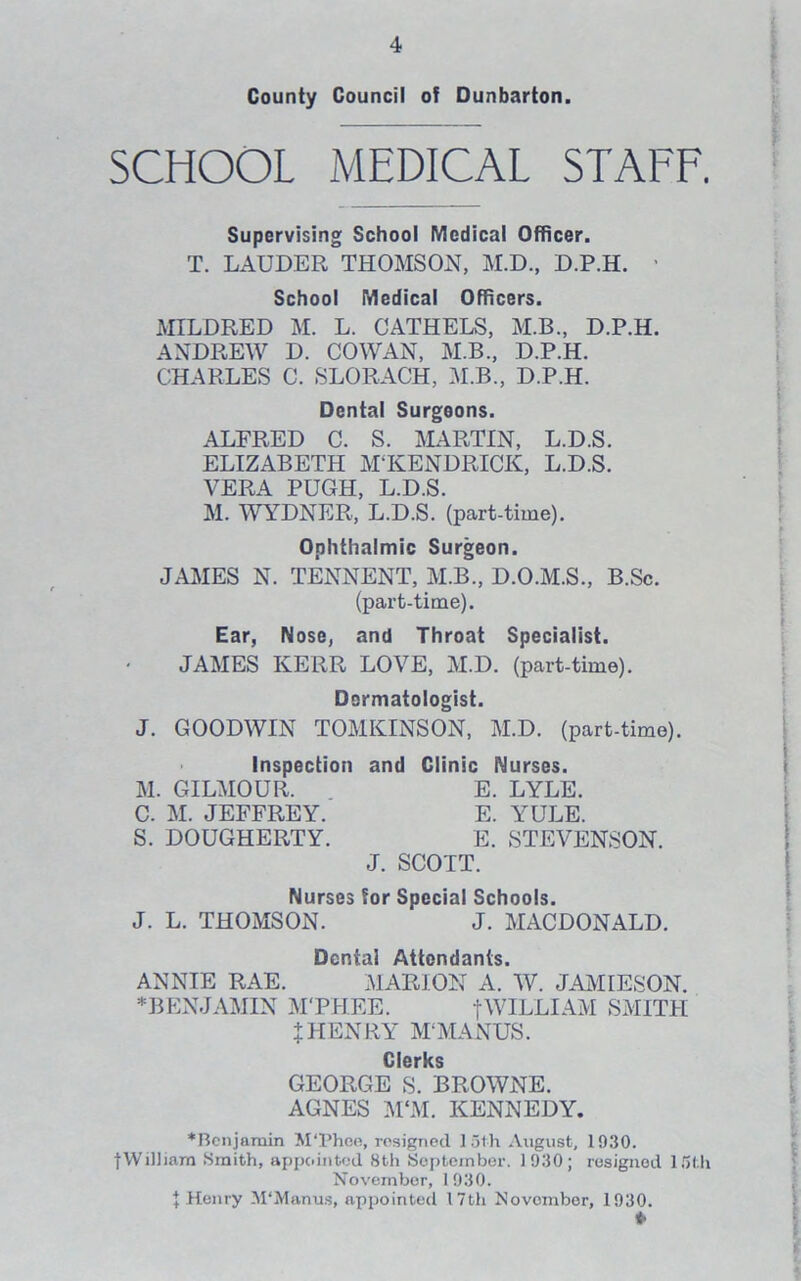 County Council of Dunbarton. SCHOOL MEDICAL STAFF. Supervising School Medical Officer. T. LAUDER THOMSON, M.D., D.P.H. • School Medical Officers. MILDRED M. L. CATHELS, M.B., D.P.H. ANDREW D. COWAN, M.B., D.P.H. CHARLES C. SLORACH, M.B., D.P.H. Dental Surgeons. ALFRED C. S. MARTIN, L.D.S. ELIZABETH M'KENDRICK, L.D.S. VERA PUGH, L.D.S. M. WYDNER, L.D.S. (part-time). Ophthalmic Surgeon. JAMES N. TENNENT, M.B., D.O.M.S., B.Sc. (part-time). Ear, Nose, and Throat Specialist. JAMES KERR LOVE, M.D. (part-time). Dermatologist. J. GOODWIN TOMKINSON, M.D. (part-time). Inspection and Clinic Nurses. M. GILMOUR. E. LYLE. C. M. JEFFREY. E. YULE. S. DOUGHERTY. E. STEVENSON. J. SCOTT. Nurses for Special Schools. J. L. THOMSON. J. MACDONALD. Denial Attendants. ANNIE RAE. MARION A. W. JAMIESON. ♦BENJAMIN M'PHEE. jWILLIAM SMITH XHENRY M‘MANUS. Clerks GEORGE S. BROWNE. AGNES M‘M. KENNEDY. ♦Benjamin M'Phoe, resigned lath August, 1930. jWilliam Smith, appointed 8th September. 1930; resigned 15th November, 1930. \ Henry M'Manus, appointed 17th November, 1930. *