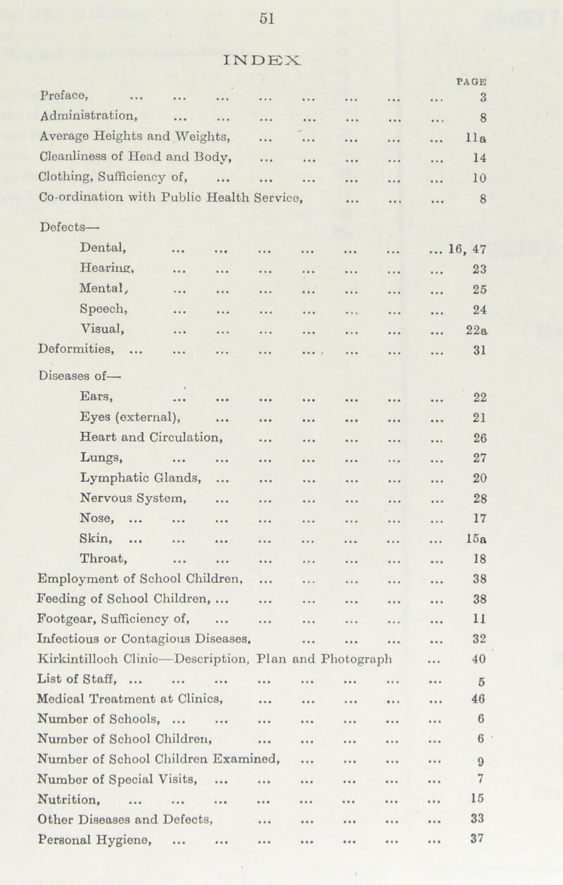 INDEX. Preface, PAGE 3 Administration, • • • • • • • •. 8 Average Heights and Weights, ... ... ... ... 11a Cleanliness of Head and Body, ,,, ... 14 Clothing, Sufficiency of, ... ... ... 10 Co-ordination with Public Health Service, ... 8 Defects— Dental, ... ... ... 16, 47 Hearing, ... ... •. • 23 Mental, ... 25 Speech, 24 Visual, ... 22a Deformities, ... 31 Diseases of— Ears, ... ... 22 Eyes (external). ... 21 Heart and Circulation, ... 26 Lungs, ... 27 Lymphatic Glands, ... ... 20 Nervous System, ... 28 Nose, ... 17 Skin, ... ... 15a Throat, ... 18 Employment of School Children, ... 38 Feeding of School Children, ... ... 38 Footgear, Sufficiency of. ... 11 Infectious or Contagious Diseases, ... 32 Kirkintilloch Clinic—Description, Plan and Photograph ... 40 List of Staff ... 5 Medical Treatment at Clinics, ... ... 46 Number of Schools, ... ... ... 6 Number of School Children, ... 6 Number of School Children Examined, ... 9 Number of Special Visits, ... ... 7 Nutrition, ... .*. 15 Other Diseases and Defects, ... 33 Personal Hygiono ... ... ... 37