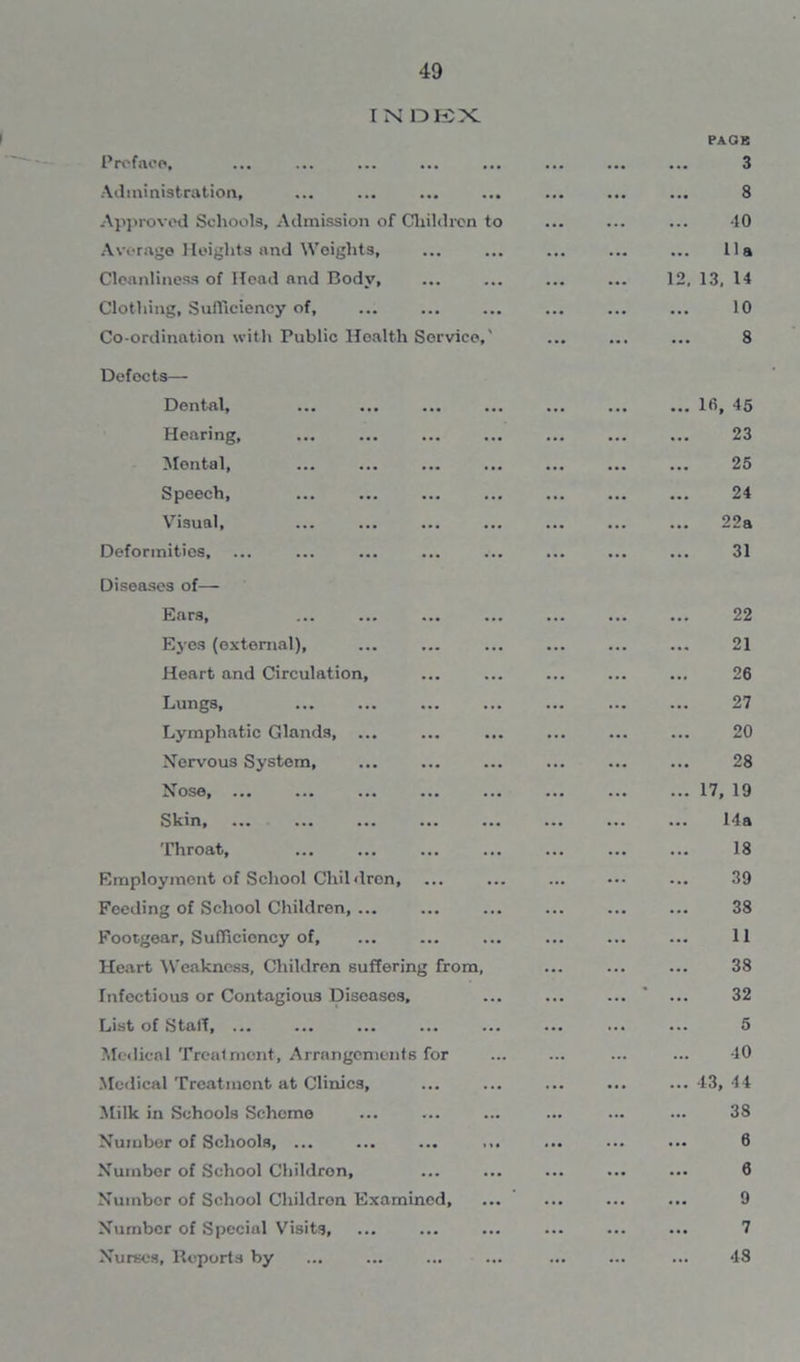 INDEX Preface, Administration, Approved Schools, Admission of Children to Average Heights and Weights, Cleanliness of Head and Body, Clothing, Sufficiency of. Co-ordination with Public Health Service,' Defects— Dental, Hearing, Mental, Speech, Visual, Deformities, Diseases of— Ears, Eyes (external), Heart and Circulation, Lungs, Lymphatic Glands, Nervous System, Nose, ... Skin, Throat, Employment of School Chil dron. Feeding of School Children, Footgear, Sufficiency of. Heart Weakness, Children suffering from. Infectious or Contagious Diseases, List of Staff, ... Medical Treatment, Arrangements for Medical Treatment at Clinics, Milk in Schools Scheme Number of Schools, ... Number of School Children, Number of School Children Examined, Number of Special Visits, Nurses, Reports by PAGE 3 8 ■10 ... Ha 12, 13, 14 10 8 ... 16, 45 23 25 24 22a 31 22 21 26 27 20 28 ... 17, 19 ... 14a 18 39 38 11 38 32 5 •10 ... 13, 44 38 6 6 9 7 48