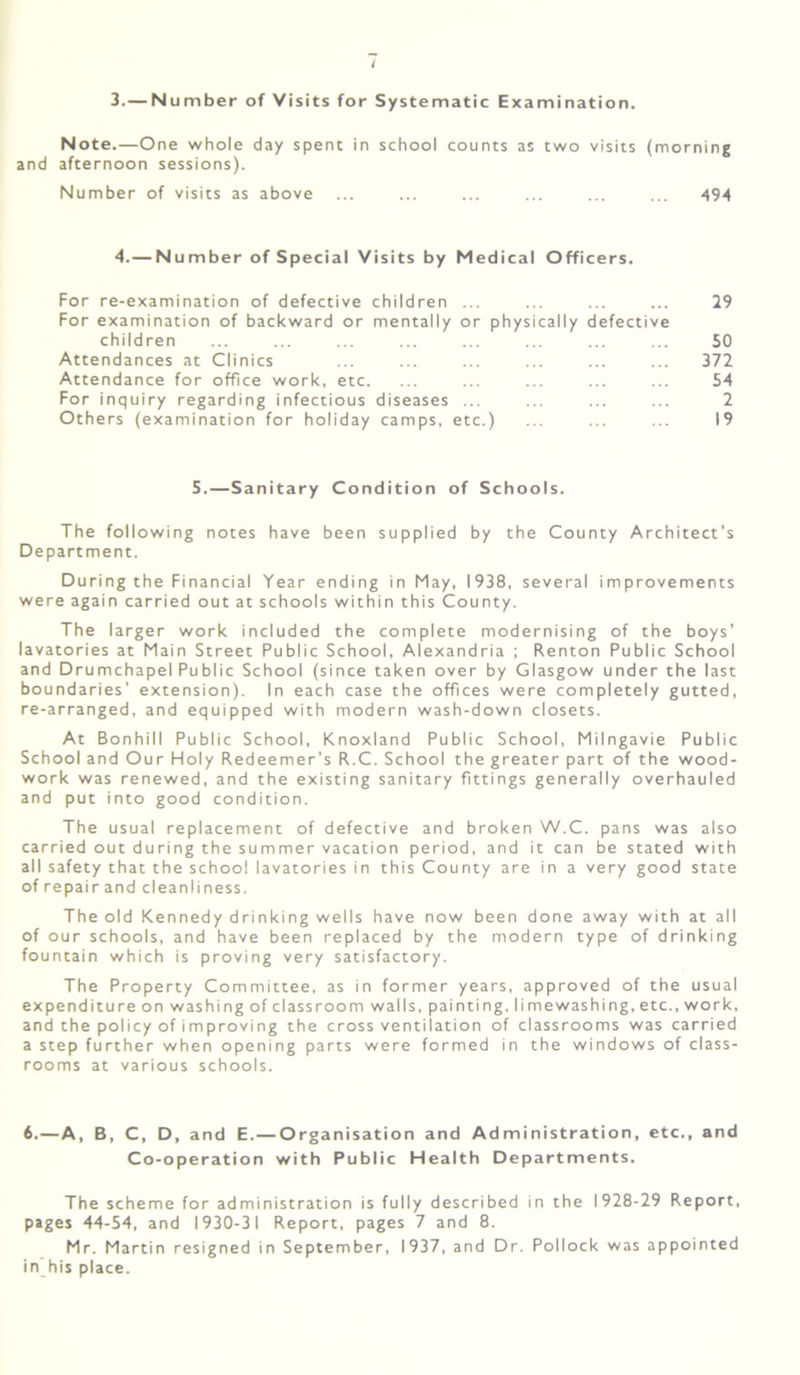 / 3.— Number of Visits for Systematic Examination. Note.—One whole day spent in school counts as two visits (morning and afternoon sessions). Number of visits as above ... ... ... ... ... ... 494 4.—N umber of Special Visits by Medical Officers. For re-examination of defective children ... For examination of backward or mentally or physically defective children Attendances at Clinics Attendance for office work, etc. For inquiry regarding infectious diseases ... Others (examination for holiday camps, etc.) 29 50 372 54 2 19 5.—Sanitary Condition of Schools. The following notes have been supplied by the County Architect’s Department. During the Financial Year ending in May, 1938, several improvements were again carried out at schools within this County. The larger work included the complete modernising of the boys’ lavatories at Main Street Public School, Alexandria ; Renton Public School and Drumchapel Public School (since taken over by Glasgow under the last boundaries’ extension). In each case the offices were completely gutted, re-arranged, and equipped with modern wash-down closets. At Bonhill Public School, Knoxland Public School, Milngavie Public School and Our Holy Redeemer’s R.C. School the greater part of the wood- work was renewed, and the existing sanitary fittings generally overhauled and put into good condition. The usual replacement of defective and broken W.C. pans was also carried out during the summer vacation period, and it can be stated with all safety that the school lavatories in this County are in a very good state of repair and cleanliness. The old Kennedy drinking wells have now been done away with at all of our schools, and have been replaced by the modern type of drinking fountain which is proving very satisfactory. The Property Committee, as in former years, approved of the usual expenditure on washing of classroom walls, painting, li mewashing, etc., work, and the policy of improving the cross ventilation of classrooms was carried a step further when opening parts were formed in the windows of class- rooms at various schools. 6.—A, B, C, D, and E.— Organisation and Administration, etc., and Co-operation with Public Health Departments. The scheme for administration is fully described in the 1928-29 Report, pages 44-54, and 1930-31 Report, pages 7 and 8. Mr. Martin resigned in September, 1937, and Dr. Pollock was appointed in his place.