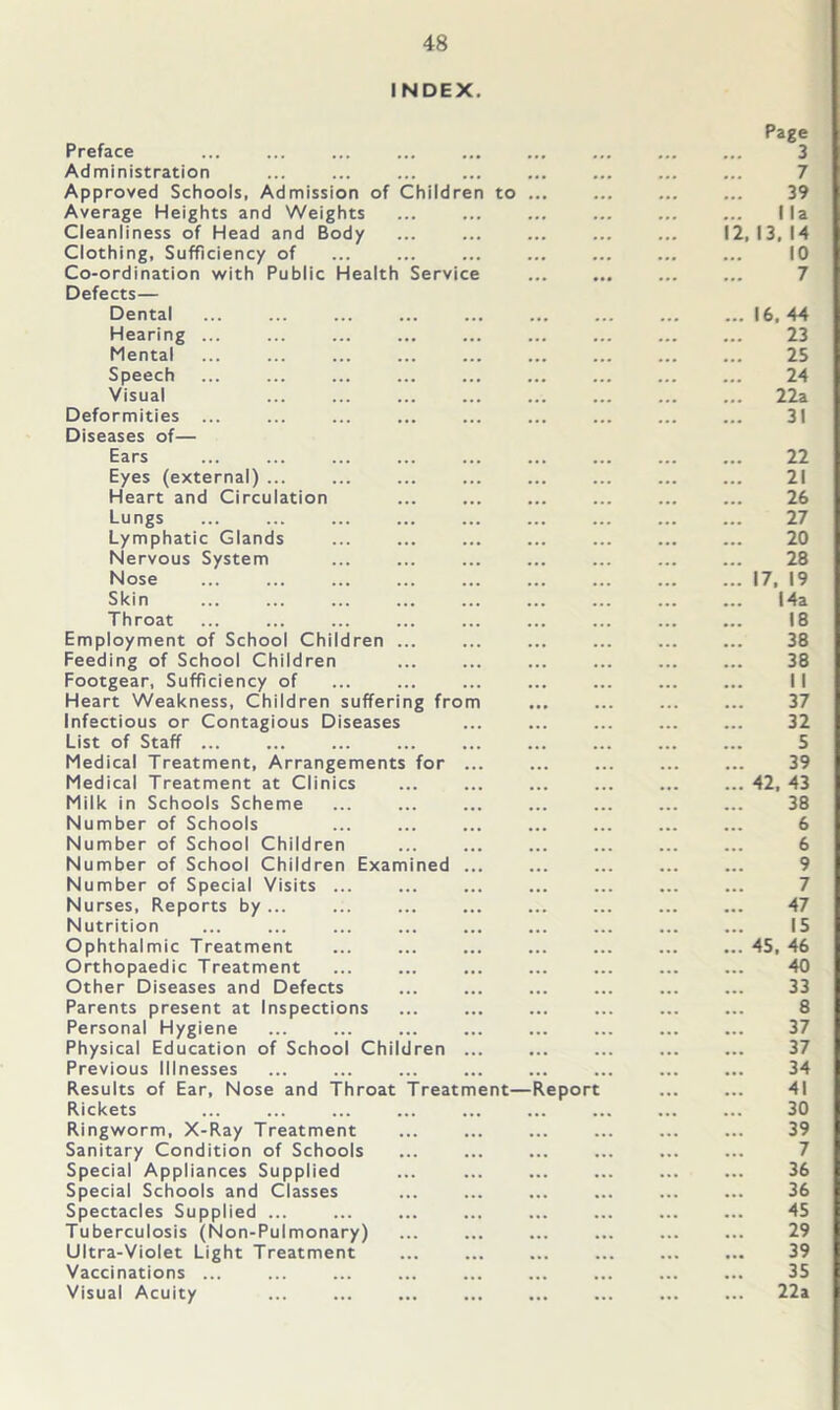 INDEX. Page Preface ... ... ... ... ... ... ... ... ... 3 Administration ... ... ... ... ... ... ... ... 7 Approved Schools, Admission of Children to ... ... ... ... 39 Average Heights and Weights ... ... ... ... ... ... I la Cleanliness of Head and Body ... ... ... ... ... 12,13,14 Clothing, Sufficiency of ... ... ... ... ... ... ... 10 Co-ordination with Public Health Service ... ... ... ... 7 Defects— Dental ... ... ... ... ... ... ... ... ... 16,44 Hearing ... ... ... ... ... ... ... ... ... 23 Mental ... ... ... ... ... ... ... ... ... 25 Speech ... ... ... ... ... ... ... ... ... 24 Visual ... ... ... ... ... ... ... ... 22a Deformities ... ... ... ... ... ... ... ... ... 31 Diseases of— Ears 22 Eyes (external) ... ... ... ... ... ... ... ... 21 Heart and Circulation ... ... ... ... ... ... 26 Lungs ... ... ... ... ... ... ... ... ... 27 Lymphatic Glands ... ... ... ... ... ... ... 20 Nervous System ... ... ... ... ... ... ... 28 Nose 17, 19 Skin ... ... ... ... ... ... ... ... ... 14a Throat ... ... ... ... ... ... ... ... ... 18 Employment of School Children ... ... ... ... ... ... 38 Feeding of School Children ... ... ... ... ... ... 38 Footgear, Sufficiency of ... ... ... ... ... ... ... 11 Heart Weakness, Children suffering from ... ... ... ... 37 Infectious or Contagious Diseases ... ... ... ... ... 32 List of Staff ... ... ... ... ... ... ... ... ... 5 Medical Treatment, Arrangements for ... ... ... ... ... 39 Medical Treatment at Clinics ... ... ... ... ... ... 42, 43 Milk in Schools Scheme ... ... ... ... ... ... ... 38 Number of Schools ... ... ... ... ... ... ... 6 Number of School Children ... ... ... ... ... ... 6 Number of School Children Examined ... ... ... ... ... 9 Number of Special Visits ... ... ... ... ... ... ... 7 Nurses, Reports by ... ... ... ... ... ... ... ... 47 Nutrition ... ... ... ... ... ... ... ... ... 15 Ophthalmic Treatment ... ... ... ... ... ... ... 45, 46 Orthopaedic Treatment ... ... ... ... ... ... ... 40 Other Diseases and Defects ... ... ... ... ... ... 33 Parents present at Inspections ... ... ... ... ... ... 8 Personal Hygiene ... ... ... ... ... ... ... ... 37 Physical Education of School Children ... ... ... ... ... 37 Previous Illnesses ... ... ... ... ... ... ... ... 34 Results of Ear, Nose and Throat Treatment—Report ... ... 41 Rickets 30 Ringworm, X-Ray Treatment ... ... ... ... ... ... 39 Sanitary Condition of Schools ... ... ... ... ... ... 7 Special Appliances Supplied ... ... ... ... ... ... 36 Special Schools and Classes ... ... ... ... ... ... 36 Spectacles Supplied ... ... ... ... ... ... ... ... 45 Tuberculosis (Non-Pulmonary) ... ... ... ... ... ... 29 Ultra-Violet Light Treatment ... ... ... ... ... ... 39 Vaccinations ... ... ... ... ... ... ... ... ... 35 Visual Acuity ... ... ... ... ... ... ... ... 22a