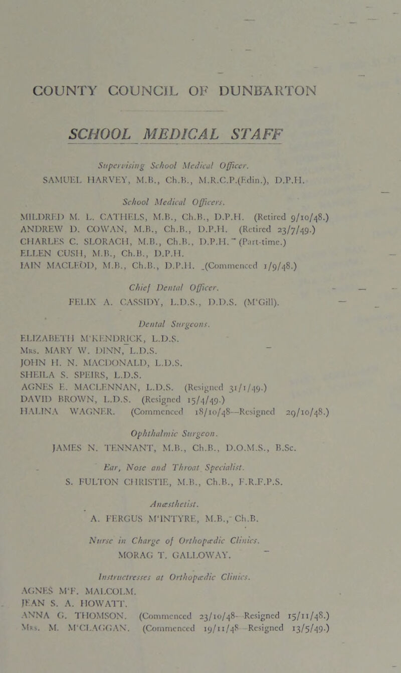 SCHOOL MEDICAL STAFF Supervising School Medical Officer. SAMUEL HARVEY, M.B., Ch.B., M.R.C.P.(Edin.), D.P.H. School Medical Officers. MILDRED M. L. CATHELS, M.B., Ch.B., D.P.H. (Retired 9/10/48.) ANDREW D. COWAN, M.B., Ch.B., D.P.H. (Retired 23/7/49.) CHARLES C. SLORACH, M.B., Ch.B., D.P.H. (Part-time.) ELLEN CUSH, M.B., Ch.B., D.P.H. IAIN MACLEOD, M.B., Ch.B., D.P.H. .(Commenced 1/9/48.) Chief Denial Officer. FELIX A. CASSIDY, L.D.S., D.D.S. (M‘GilI). Dental Surgeons. ELIZABETH M KENDRJCK, L.D.S. Mrs. MARY W. DINN, L.D.S. JOHN II. N. MACDONALD, L.D.S. SHEILA S. SPEIRS, L.D.S. AGNES E. MACLENNAN, L.D.S. (Resigned 31/1/49.) DAVID BROWN, L.D.S. (Resigned 15/4/49 ) HALINA WAGNER. (Commenced 1S/10/48—Resigned 29/10/48.) Ophthalmic Surgeon. JAMES N. TENNANT, M.B., Ch.B., D.O.M.S., B.Sc. Ear, Nose and Throat Specialist. S. FULTON CHRISTIE, M.B., Ch.B., F.R.F.P.S. Anersthetist. A. FERGUS M'lNTYRE, M.B.,- Ch.B. Nurse in Charge of Orthoperdic Clinics. MORAG T. GALLOWAY. Instructresses at Orthoperdic Clinics. AGNES M'F. MALCOLM. JEAN S. A. HOW AIT. ANNA G. THOMSON. (Commenced 23/10/48- Resigned 15/11/48.)