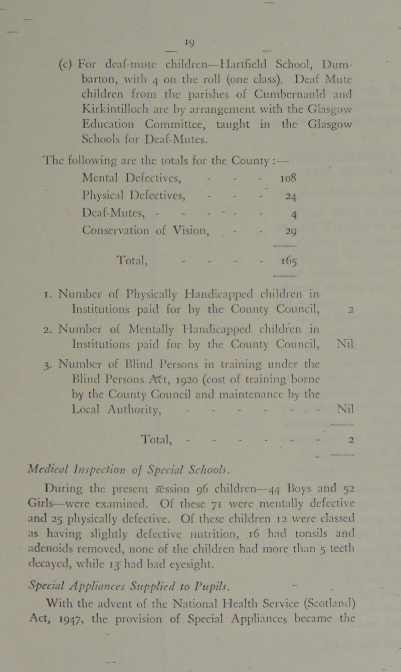 *9 (c) For deaf-mute children—Harificld School, Dum barton, with 4 on the roll (one class). Deaf Mute children from the parishes of Cumbernauld and Kirkintilloch are by arrangement with the Glasgow Education Committee, taught in the Glasgow Schools for Deaf-Mutes. The following arc the totals for the County : — Mental Defectives, - - - 108 Physical Defectives, 24 Deaf-Mutes, - - - - - - 4 Conservation of Vision, - - 29 Total, - - - 165 1. Number of Physically Handicapped children in Institutions paid for by the County Council, 2 2. Number of Mentally Handicapped children in Institutions paid for by the County Council, Nil 3. Number of Blind Persons in training under the Blind Persons /Vet, 1920 (cost of training borne by the County Council and maintenance by the Local Authority, - - Nil Total, 2 Medial/ Inspection of Special Schools. During the present session 96 children—44 Boys and 52 Girls—were examined. Of these 71 were mentally defective and 25 physically defective. Of these children 12 were classed as having slightly defective nutrition, 16 had tonsils and adenoids removed, none of the children had more than 5 teeth decayed, while 13had bad eyesight. Special Appliances Supplied to Pupils. With the advent of the National Health Service (Scotland) Act, 1947, the provision of Special Appliances became the