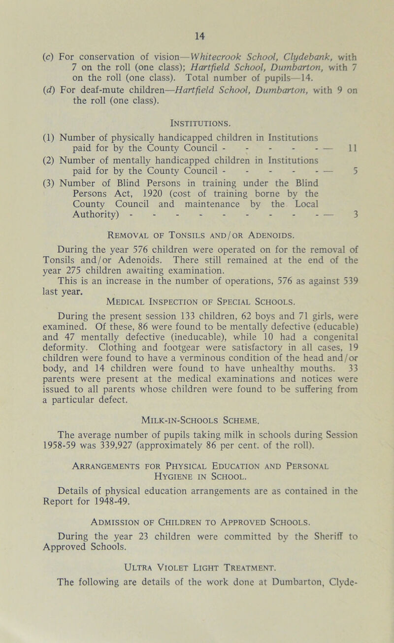 (c) For conservation of vision—Whitecrook School, Clydebank, with 7 on the roll (one class); Hartfield School, Dumbarton, with 7 on the roll (one class). Total number of pupils—14. (d) For deaf-mute children—Hartfield School, Dumbarton, with 9 on the roll (one class). Institutions. (1) Number of physically handicapped children in Institutions paid for by the County Council — 11 (2) Number of mentally handicapped children in Institutions paid for by the County Council — 5 (3) Number of Blind Persons in training under the Blind Persons Act, 1920 (cost of training borne by the County Council and maintenance by the Local Authority) — 3 Removal of Tonsils and/or Adenoids. During the year 576 children were operated on for the removal of Tonsils and/or Adenoids. There still remained at the end of the year 275 children awaiting examination. This is an increase in the number of operations, 576 as against 539 last year. Medical Inspection of Special Schools. During the present session 133 children, 62 boys and 71 girls, were examined. Of these, 86 were found to be mentally defective (educable) and 47 mentally defective (ineducable), while 10 had a congenital deformity. Clothing and footgear were satisfactory in all cases, 19 children were found to have a verminous condition of the head and/or body, and 14 children were found to have unhealthy mouths. 33 parents were present at the medical examinations and notices were issued to all parents whose children were found to be suffering from a particular defect. Milk-in-Schools Scheme. The average number of pupils taking milk in schools during Session 1958-59 was 339,927 (approximately 86 per cent, of the roll). Arrangements for Physical Education and Personal Hygiene in School. Details of physical education arrangements are as contained in the Report for 1948-49. Admission of Children to Approved Schools. During the year 23 children were committed by the Sheriff to Approved Schools. Ultra Violet Light Treatment. The following are details of the work done at Dumbarton, Clyde-