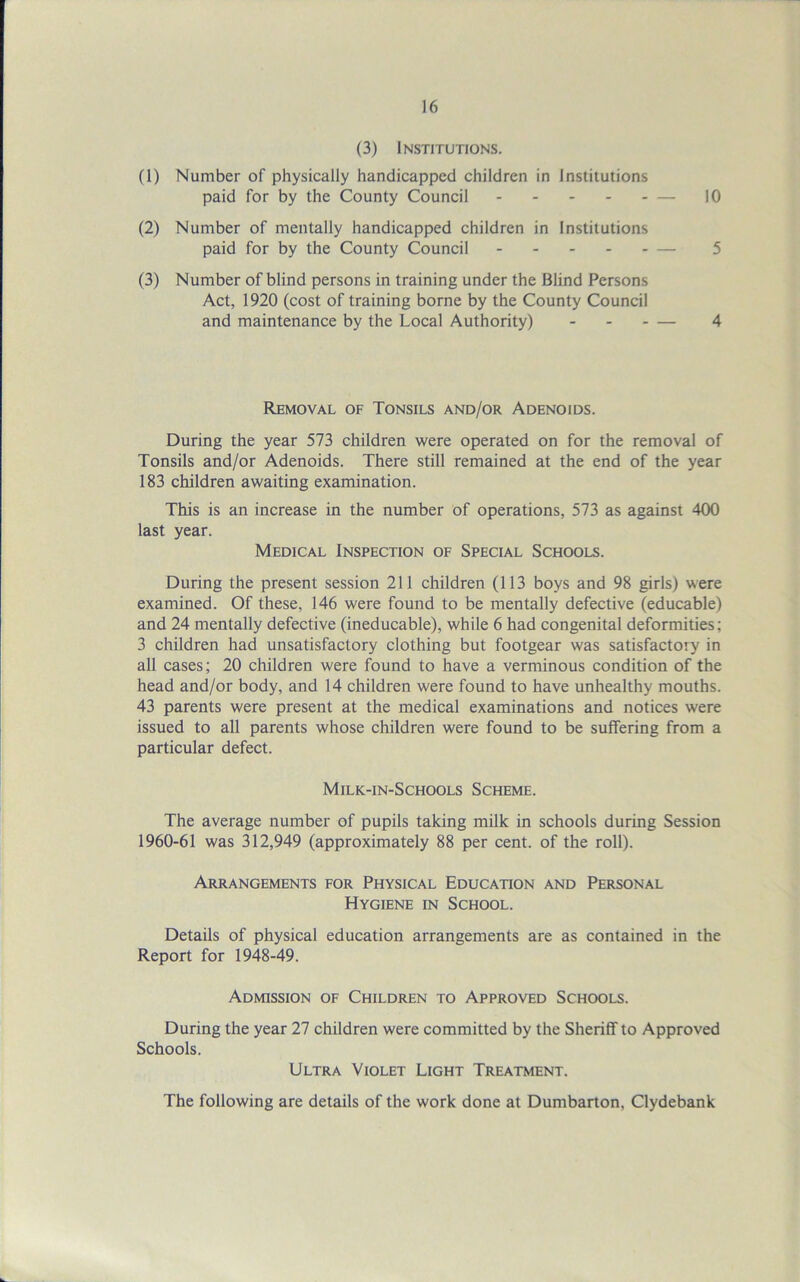 (3) Institutions. (1) Number of physically handicapped children in Institutions paid for by the County Council — 10 (2) Number of mentally handicapped children in Institutions paid for by the County Council — 5 (3) Number of blind persons in training under the Blind Persons Act, 1920 (cost of training borne by the County Council and maintenance by the Local Authority) - 4 Removal of Tonsils and/or Adenoids. During the year 573 children were operated on for the removal of Tonsils and/or Adenoids. There still remained at the end of the year 183 children awaiting examination. This is an increase in the number of operations, 573 as against 400 last year. Medical Inspection of Special Schools. During the present session 211 children (113 boys and 98 girls) were examined. Of these, 146 were found to be mentally defective (educable) and 24 mentally defective (ineducable), while 6 had congenital deformities; 3 children had unsatisfactory clothing but footgear was satisfactory in all cases; 20 children were found to have a verminous condition of the head and/or body, and 14 children were found to have unhealthy mouths. 43 parents were present at the medical examinations and notices were issued to all parents whose children were found to be suffering from a particular defect. Milk-in-Schools Scheme. The average number of pupils taking milk in schools during Session 1960-61 was 312,949 (approximately 88 per cent, of the roll). Arrangements for Physical Education and Personal Hygiene in School. Details of physical education arrangements are as contained in the Report for 1948-49. Admission of Children to Approved Schools. During the year 27 children were committed by the Sheriff to Approved Schools. Ultra Violet Light Treatment. The following are details of the work done at Dumbarton, Clydebank