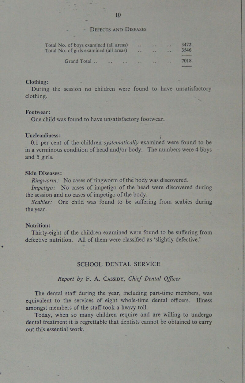 - Defects and Diseases Total No. of boys examined (all areas) .. .. .. 3472 Total No. of girls examined (all areas) .. .. .. 3546 Grand Total .. .. .. .. .. .. 7018 Clothing: During the session no children were found to have unsatisfactory clothing. Footwear: One child was found to have unsatisfactory footwear. Uncleanliness: ; 0.1 per cent of the children systematically examined were found to be in a verminous condition of head and/or body. The numbers were 4 boys and 5 girls. Skin Diseases: Ringworm: No cases of ringworm of the body was discovered. Impetigo: No cases of impetigo of the head were discovered during the session and no cases of impetigo of the body. Scabies: One child was found to be suffering from scabies during the year. Nutrition: Thirty-eight of the children examined were found to be suffering from defective nutrition. All of them were classified as ‘slightly defective.’ SCHOOL DENTAL SERVICE Report by F. A. Cassidy, Chief Dental Officer The dental staff during the year, including part-time members, was equivalent to the services of eight whole-time dental officers. Illness amongst members of the staff took a heavy toll. Today, when so many children require and are willing to undergo dental treatment it is regrettable that dentists cannot be obtained to carry out this essential work. >