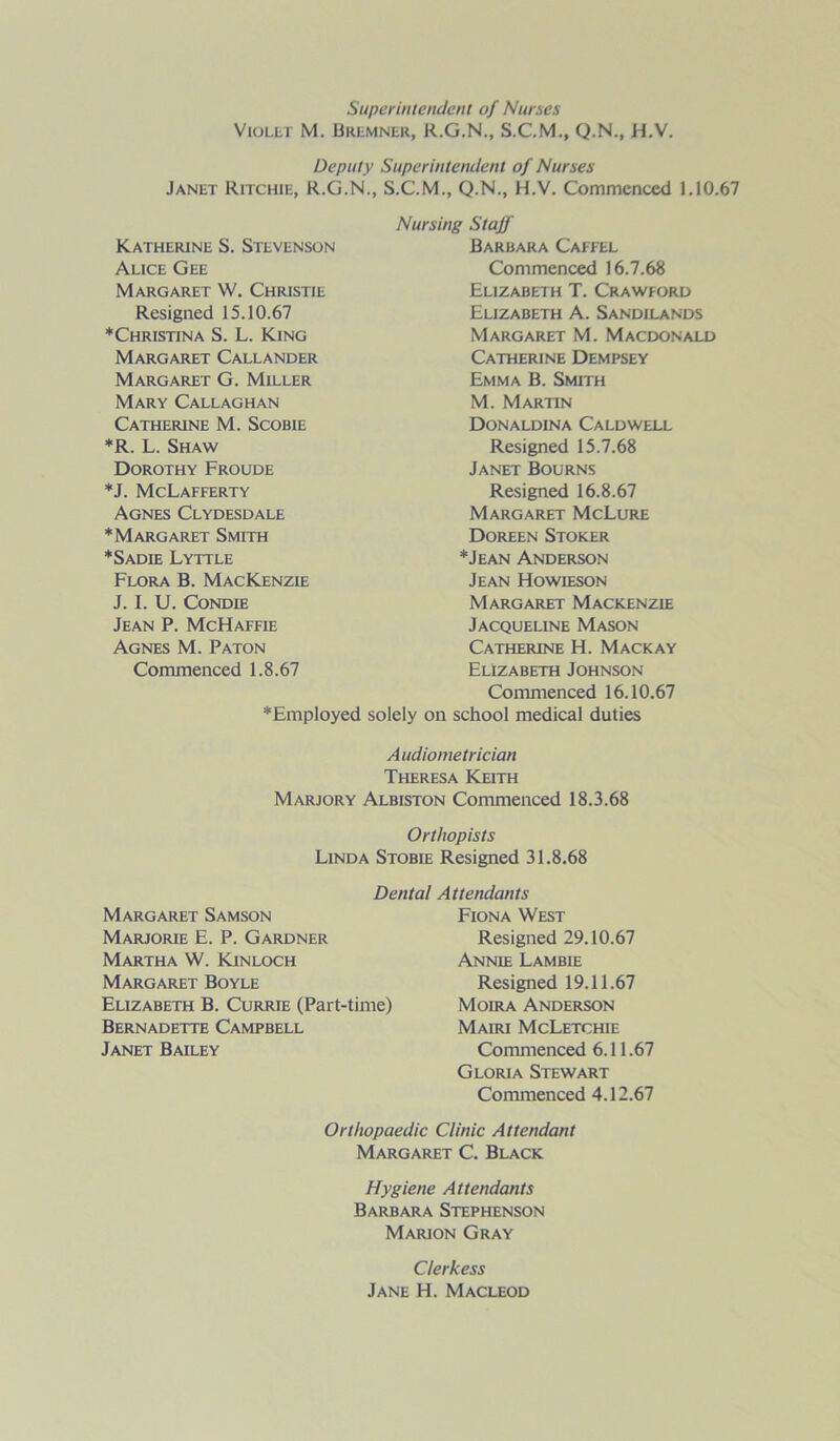 Superintendent of Nurses Violet M. Bremner, R.G.N., S.C.M., Q.N., H.V. Deputy Superintendent of Nurses Janet Ritchie, R.G.N., S.C.M., Q.N., H.V. Commenced 1.10.67 Nursing Staff Barbara Caffel Commenced 16.7.68 Elizabeth T. Crawford Elizabeth A. Sandilands Margaret M. Macdonald Catherine Dempsey Emma B. Smith M. Martin Donaldina Caldwell Resigned 15.7.68 Janet Bourns Resigned 16.8.67 Margaret McLure Doreen Stoker ♦Jean Anderson Jean Howieson Margaret Mackenzie Jacqueline Mason Catherine H. Mack ay Elizabeth Johnson Commenced 16.10.67 *Employed solely on school medical duties Audiometrician Theresa Keith Marjory Albiston Commenced 18.3.68 Orthopists Linda Stobie Resigned 31.8.68 Dental Attendants Margaret Samson Fiona West Marjorie E. P. Gardner Resigned 29.10.67 Martha W. Kinloch Annie Lambie Margaret Boyle Resigned 19.11.67 Elizabeth B. Currie (Part-time) Moira Anderson Bernadette Campbell Mairi McLetchie Janet Bailey Commenced 6.11.67 Gloria Stewart Commenced 4.12.67 Orthopaedic Clinic Attendant Margaret C. Black Hygiene Attendants Barbara Stephenson Marion Gray Clerkess Jane H. Macleod Katherine S. Stevenson Alice Gee Margaret W. Christie Resigned 15.10.67 ♦Christina S. L. King Margaret Callander Margaret G. Miller Mary Callaghan Catherine M. Scobie *R. L. Shaw Dorothy Froude *J. McLafferty Agnes Clydesdale ♦Margaret Smith ♦Sadie Lyttle Flora B. Mackenzie J. I. U. Condie Jean P. McHaffie Agnes M. Paton Commenced 1.8.67