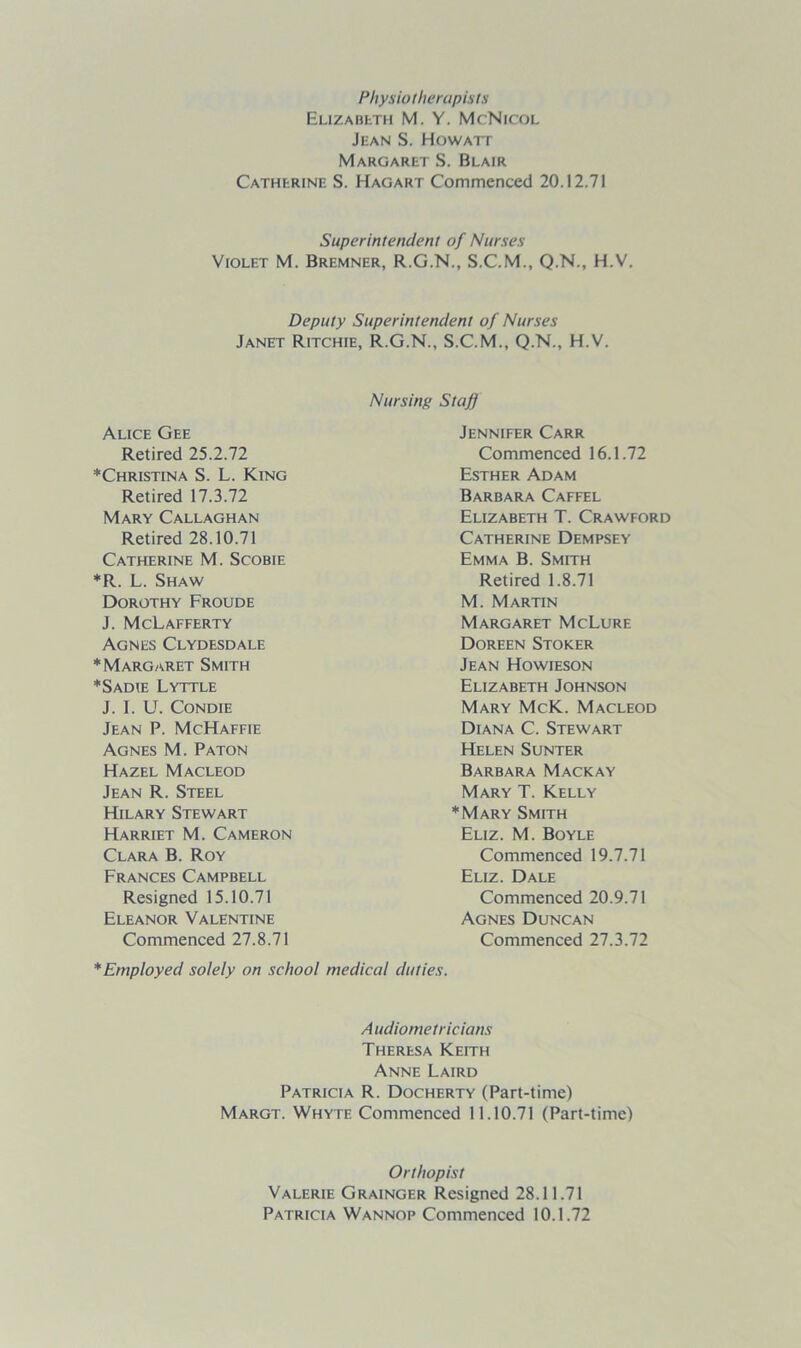 Physio the rapists Elizabeth M. Y. McNicol Jean S. Howatt Margaret S. Blair Catherine S. Hagart Commenced 20.12.71 Superintendent of Nurses Violet M. Bremner, R.G.N., S.C.M., Q.N., H.V. Deputy Superintendent of Nurses Janet Ritchie, R.G.N., S.C.M., Q.N., H.V. Alice Gee Retired 25.2.72 ♦Christina S. L. King Retired 17.3.72 Mary Callaghan Retired 28.10.71 Catherine M. Scobie *R. L. Shaw Dorothy Froude J. McLafferty Agnes Clydesdale ♦Margaret Smith ♦Sadie Lyttle J. I. U. Condie Jean P. McHaffie Agnes M. Paton Hazel Macleod Jean R. Steel Hilary Stewart Harriet M. Cameron Clara B. Roy Frances Campbell Resigned 15.10.71 Eleanor Valentine Commenced 27.8.71 Nursing Staff Jennifer Carr Commenced 16.1.72 Esther Adam Barbara Caffel Elizabeth T. Crawford Catherine Dempsey Emma B. Smith Retired 1.8.71 M. Martin Margaret McLure Doreen Stoker Jean Howieson Elizabeth Johnson Mary McK. Macleod Diana C. Stewart Helen Sunter Barbara Mackay Mary T. Kelly ♦Mary Smith Eliz. M. Boyle Commenced 19.7.71 Eliz. Dale Commenced 20.9.71 Agnes Duncan Commenced 27.3.72 ♦ Employed solely on school medical duties. A udiometricians Theresa Keith Anne Laird Patricia R. Docherty (Part-time) Margt. Whyte Commenced 11.10.71 (Part-time) Orthopist Valerie Grainger Resigned 28.11.71 Patricia Wannop Commenced 10.1.72
