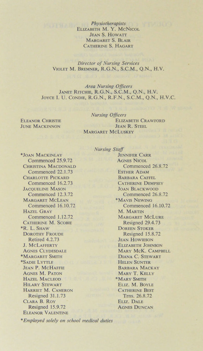 Physiotherapists Elizabeth M. Y. McNicol Jean S. Howatt Margaret S. Blair Catherine S. Hagart Director of Nursing Services Violet M. Bremner, R.G.N., S.C.M., Q.N., H.V. Area Nursing Officers Janet Ritchie, R.G.N., S.C.M., Q.N., H.V. Joyce I. U. Condie, R.G.N., R.F.N., S.C.M., Q.N., H.V.C. Nursing Officers Eleanor Christie Elizabeth Crawford June Mackinnon Jean R. Steel Margaret McLuskey *Joan Mackinlay Commenced 25.9.72 Christina Macdonald Commenced 22.1.73 Charlotte Pickard Commenced 16.2.73 Jacqueline Mason Commenced 12.3.72 Margaret McLean Commenced 16.10.72 Hazel Gray Commenced 1.12.72 Catherine M. Scobie *R. L. Shaw Dorothy Froude Retired 4.2.73 J. McLafferty Agnes Clydesdale * Margaret Smith ♦Sadie Lyttle Jean P. McHaffie Agnes M. Paton Hazel Macleod Hilary Stewart Harriet M. Cameron Resigned 31.1.73 Clara B. Roy Resigned 15.9.72 Eleanor Valentine Nursing Staff Jennifer Carr Agnes Nicol Commenced 26.8.72 Esther Adam Barbara Caffel Catherine Dempsey Joan Blackwood Commenced 26.8.72 ♦Mavis Newing Commenced 16.10.72 M. Martin Margaret McLure Resigned 29.4.73 Doreen Stoker Resigned 15.8.72 Jean Howieson Elizabeth Johnson Mary McK. Campbell Diana C. Stewart Helen Sunter Barbara Mackay Mary T. Kelly ♦Mary Smith Eliz. M. Boyle Catherine Best Trns. 26.8.72 Eliz. Dale Agnes Duncan ♦ Employed solely on school medical duties