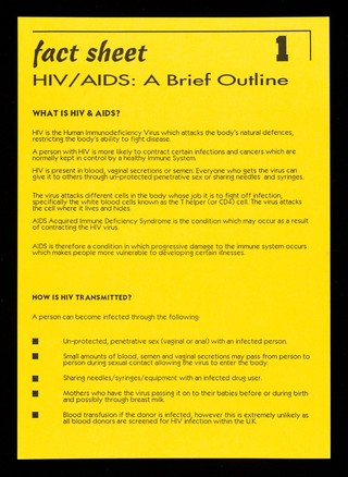 Fact sheet. 1, HIV/AIDS: a brief outline / Michele Oliver, Lewisham HIV Unit.